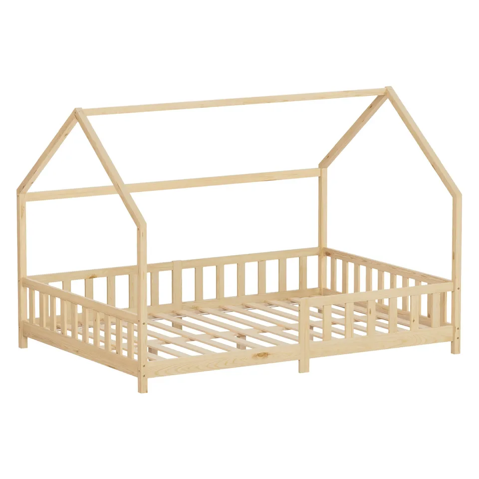 ECD Germany Lit cabane enfant 140x200 pin naturel barrière