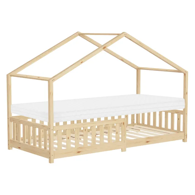 ML-Design lit cabane 90x200 naturel pin + matelas 10cm barrière