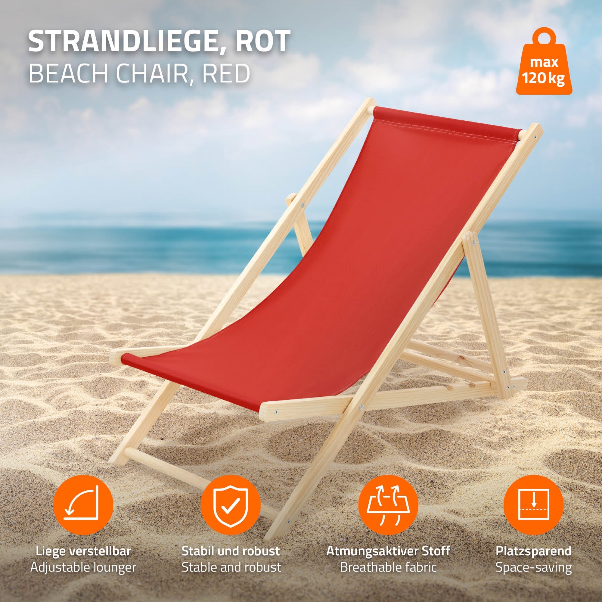 ECD Germany transat jardin bois rouge pliable 3 positions