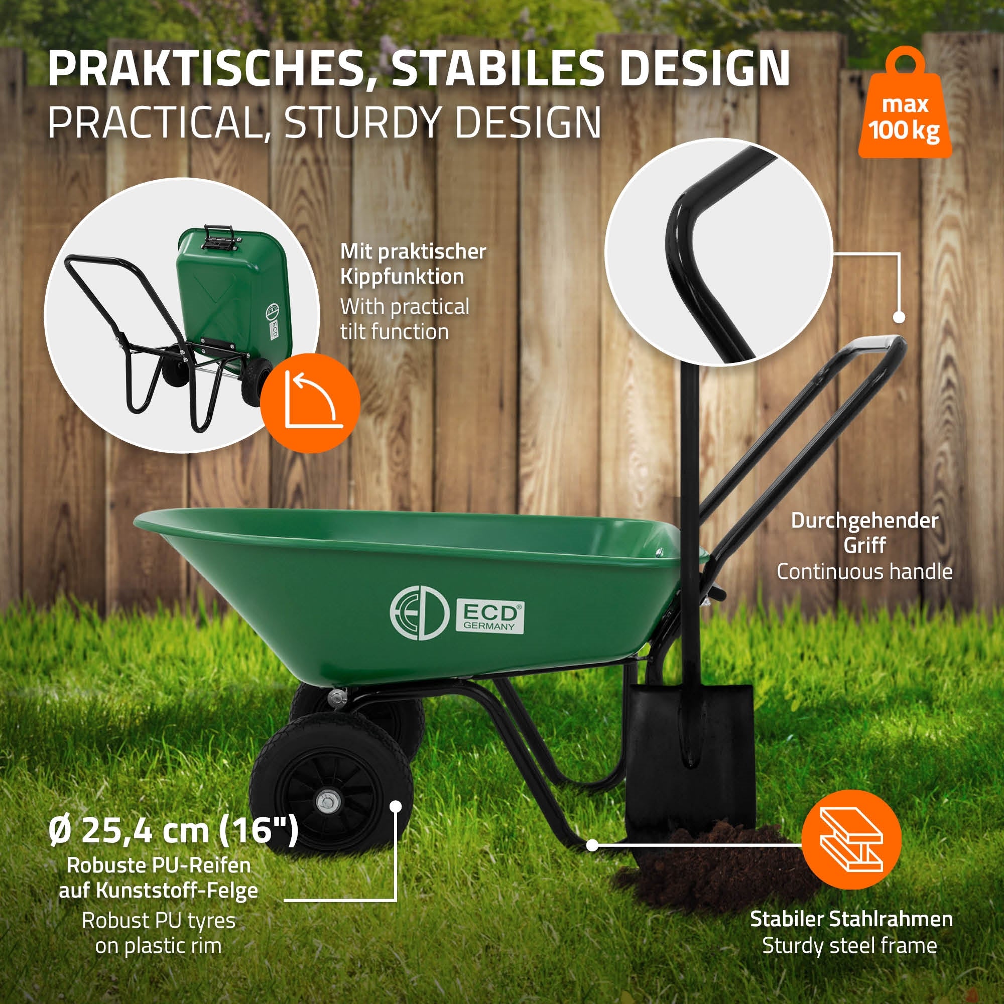 ECD Germany Garten chariot jardin 78L basculant 100 kg
