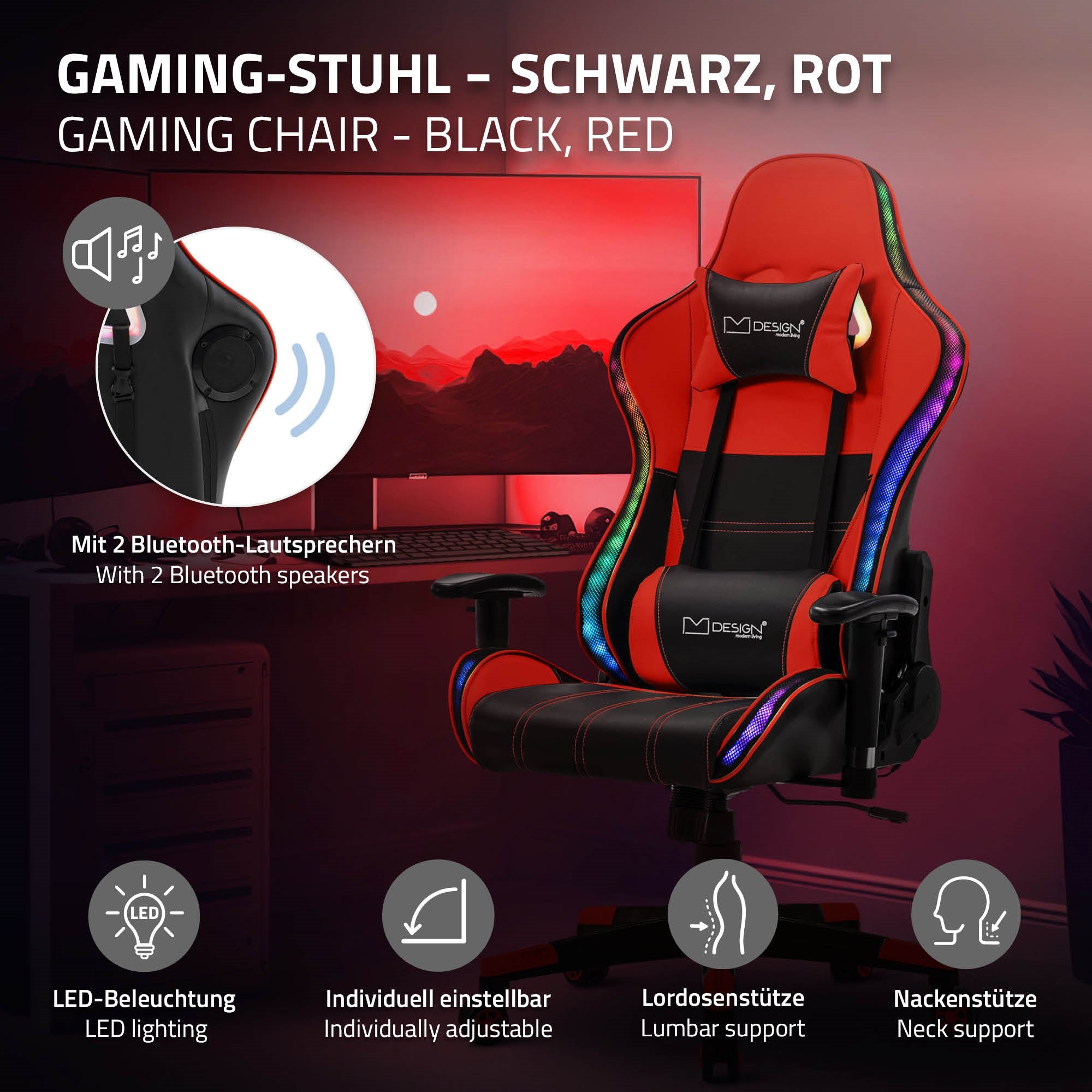 ML-Design chaise gaming similicuir noir rouge LED Bluetooth B-Ware