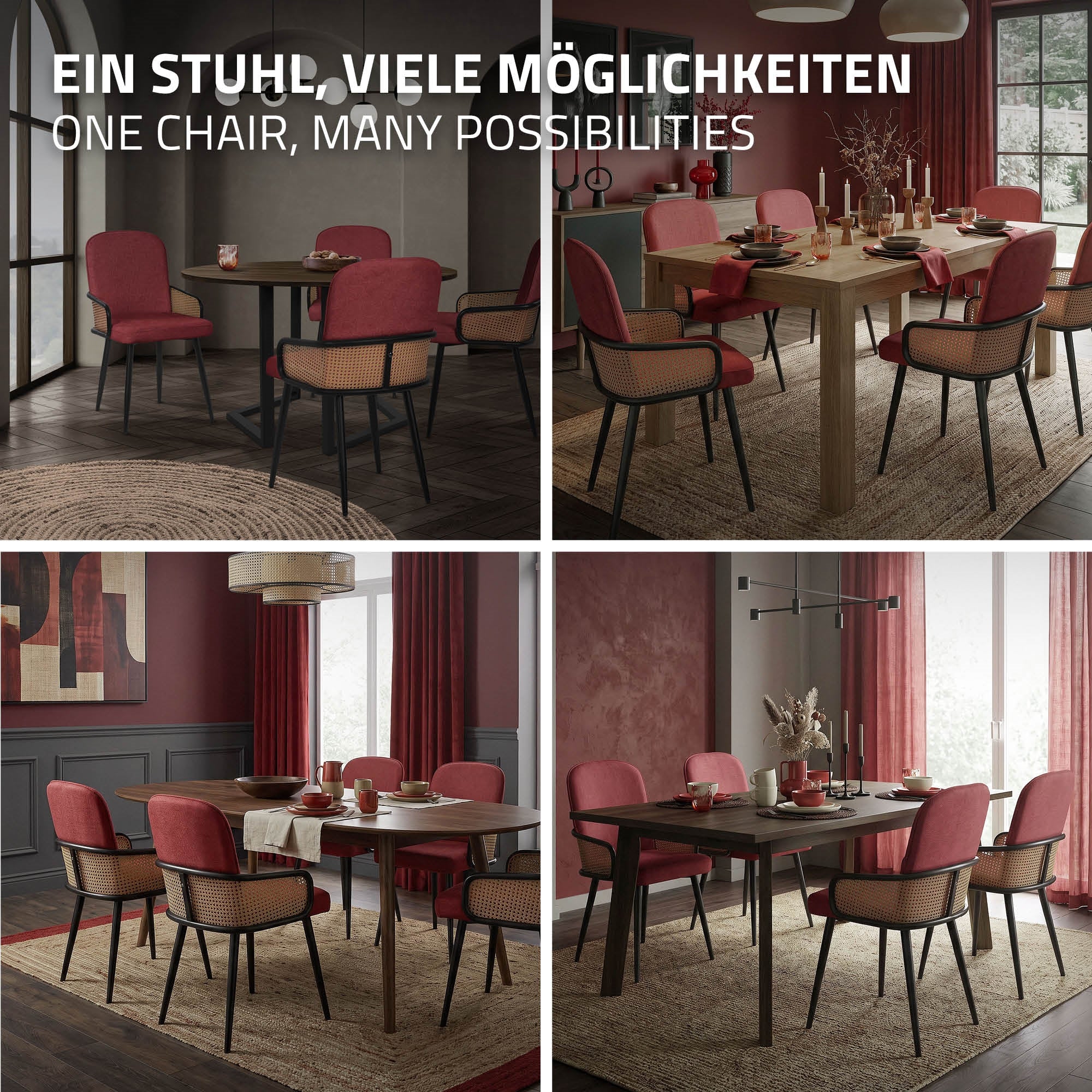 ECD Germany Möbel ML-Design chaise salle à manger rouge lot 2 rotin