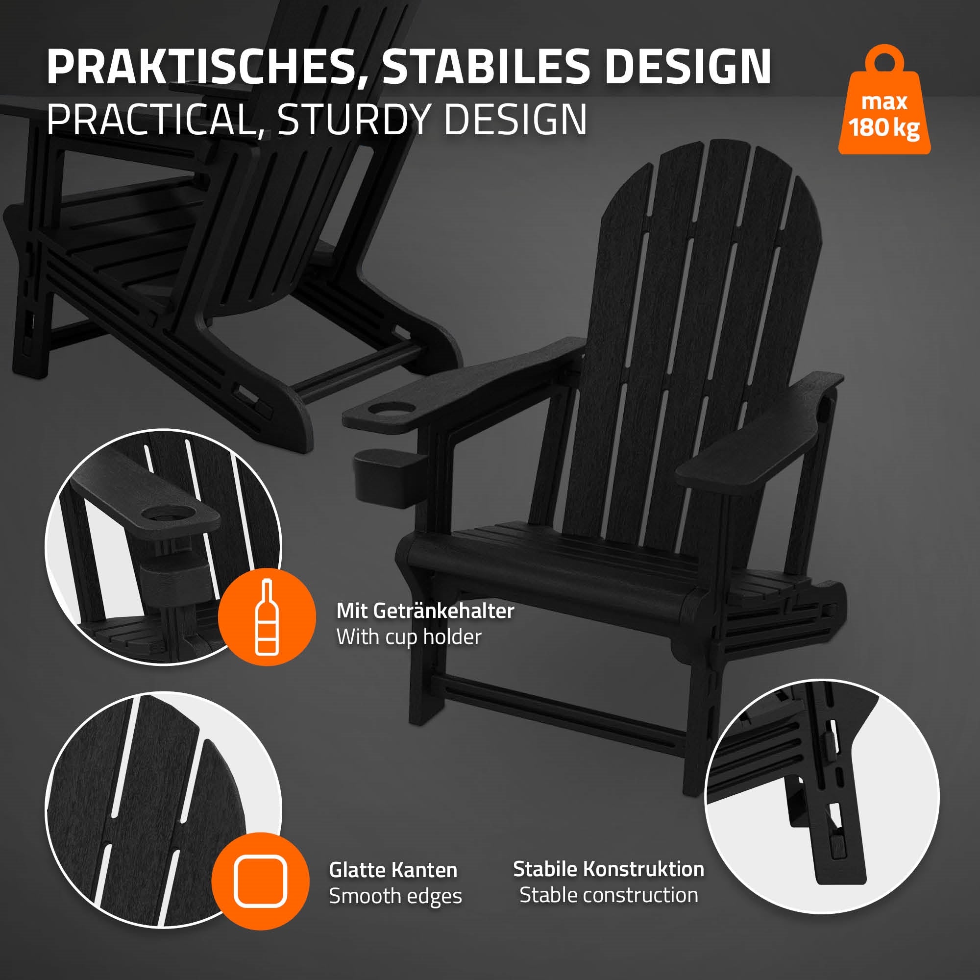 ECD Germany Garten fauteuil Adirondack noir HDPE 180 kg