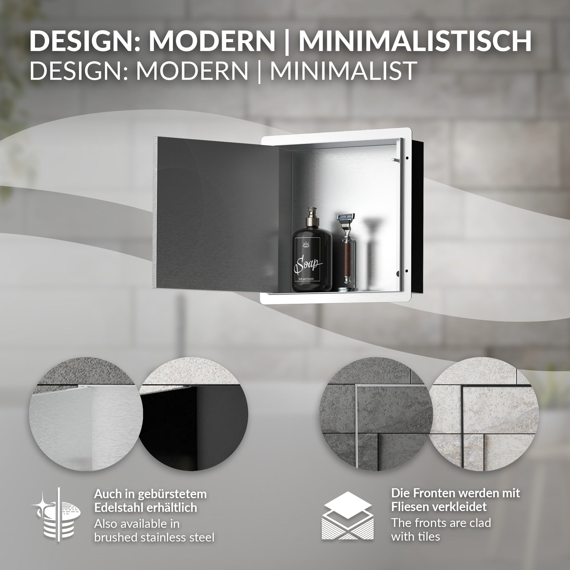 ECD Germany niche de douche inox porte carrelable 60x30 noir
