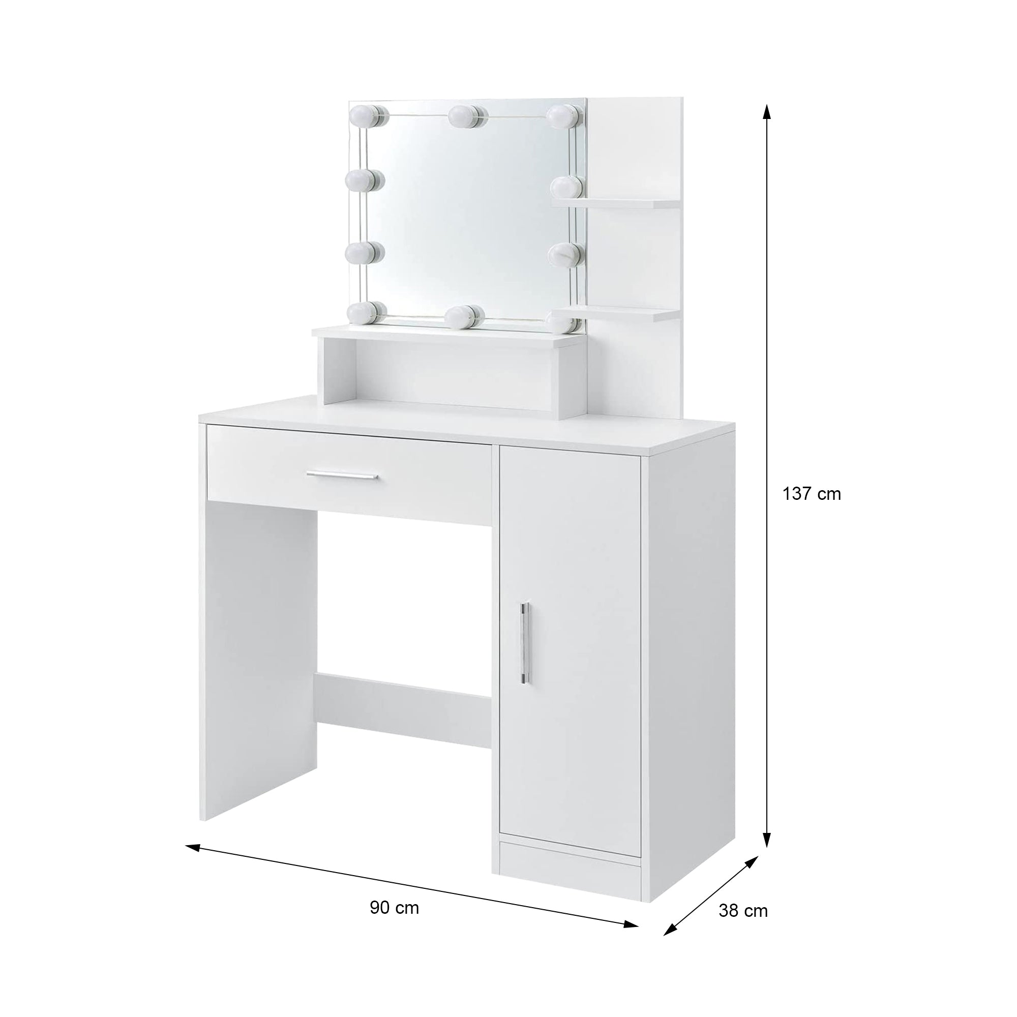 ML-Design Coiffeuse blanche LED 90 cm avec miroir et armoire