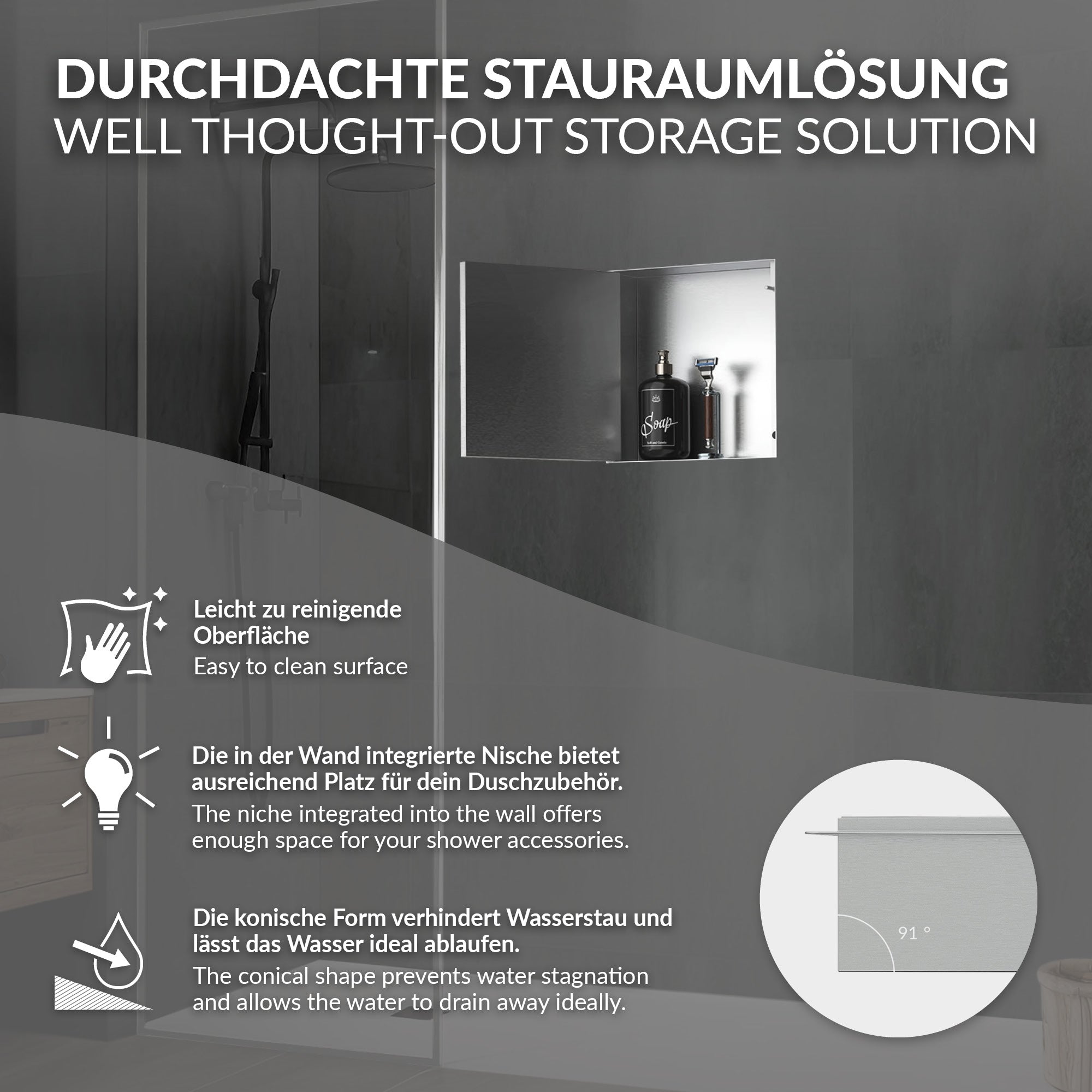 ECD Germany Sanitär niche douche inox 30x30x10 argent