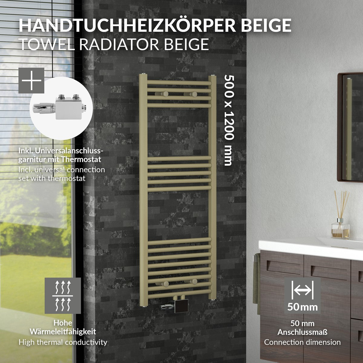 LuxeBath Sahara sèche-serviettes beige 500x1200 mm raccord central