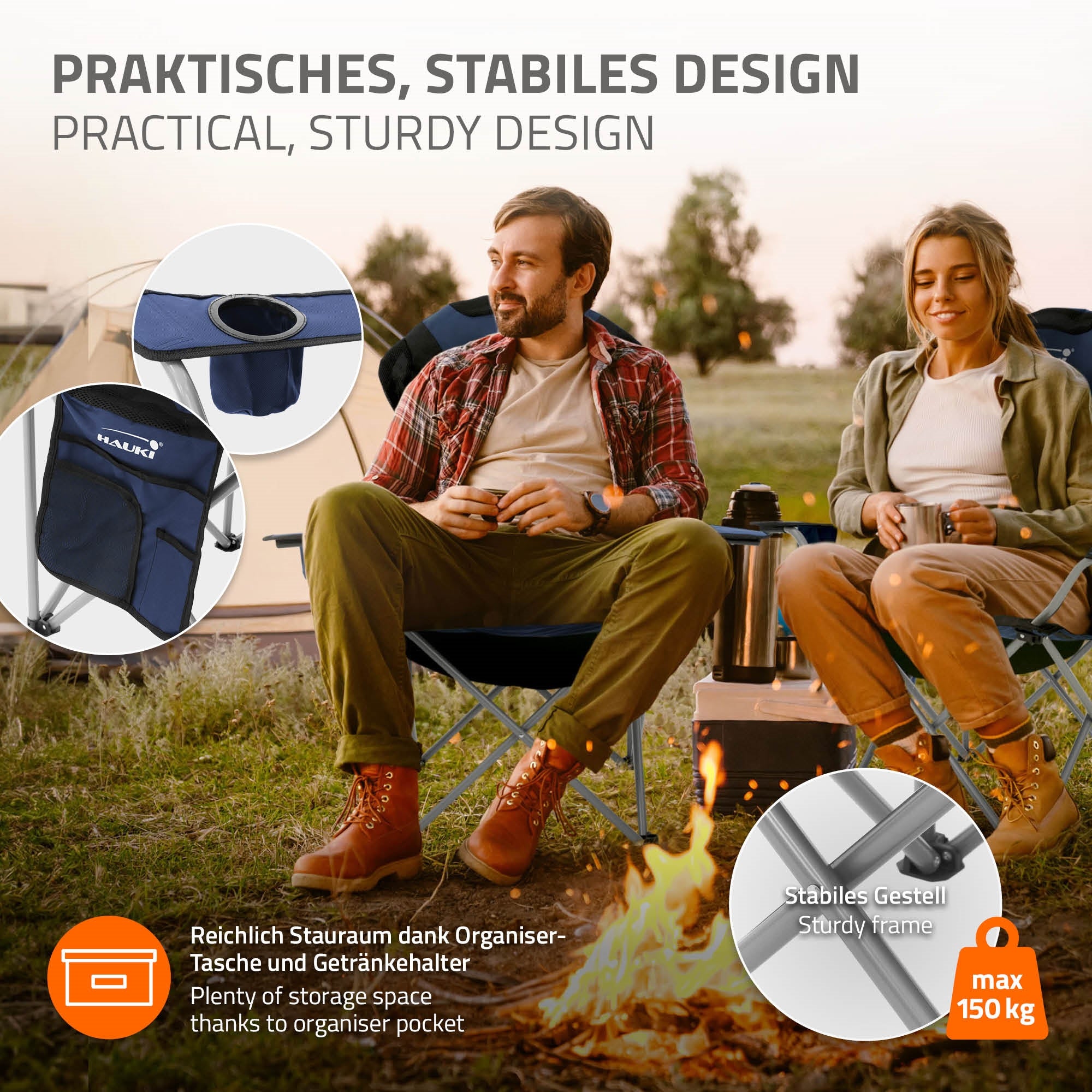 ECD Germany Hauki chaise de camping bleue 1 pièce 150 kg porte-gobelet