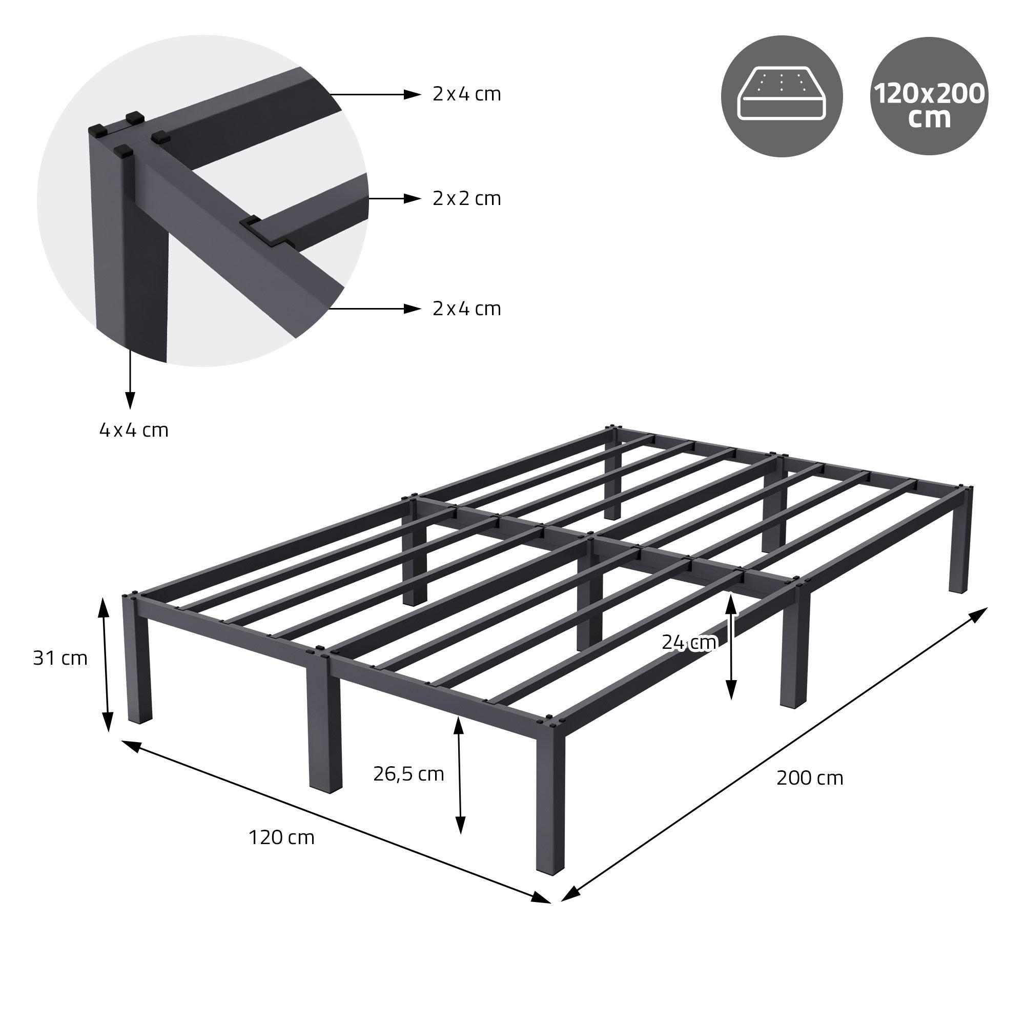 ECD Germany lit double métal 120x200 anthracite sommier