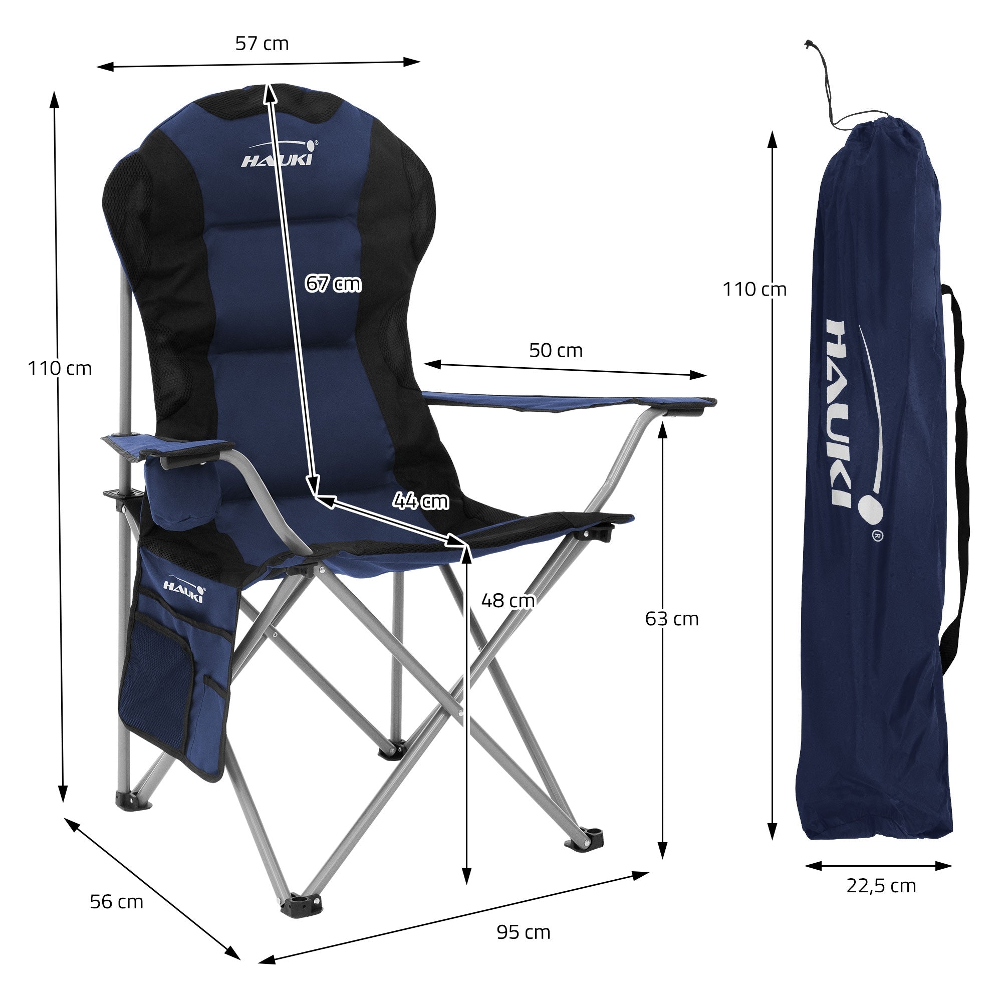 Hauki chaise camping pliante bleue 150 kg porte-gobelet