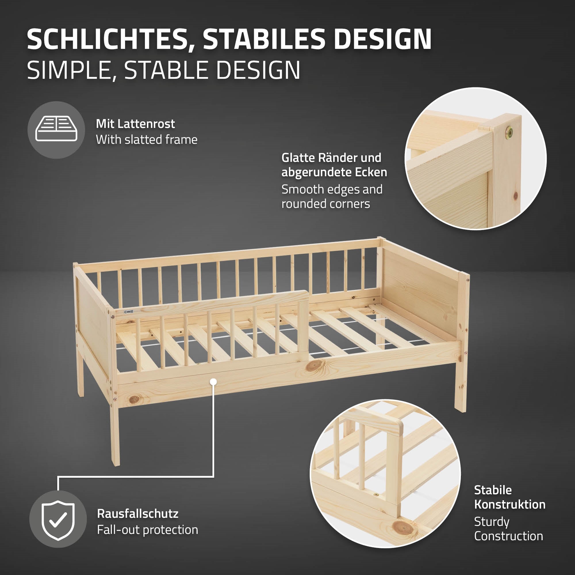 ECD Germany Kinder lit enfant 70x140 pin naturel + barrière