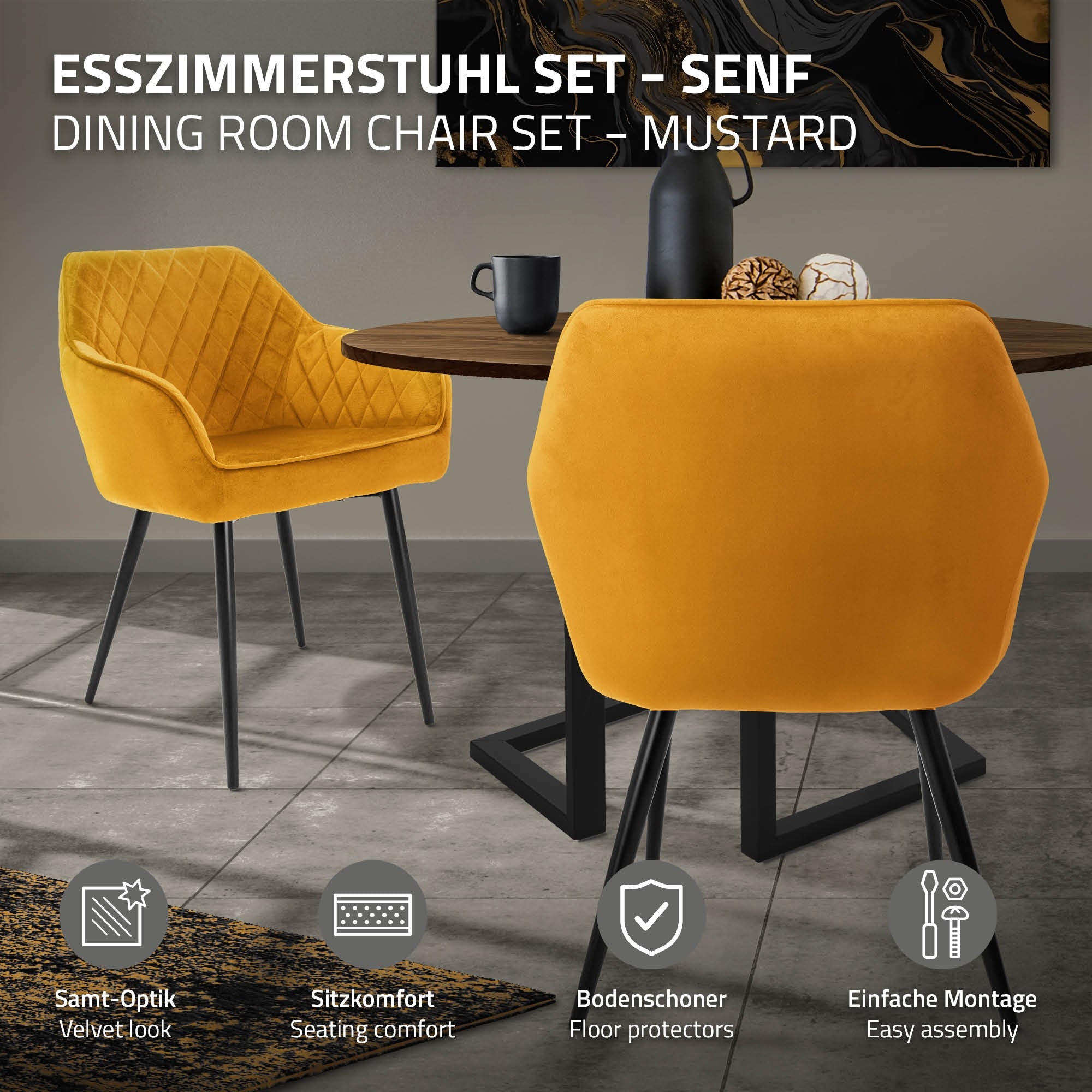ECD Germany ML-Design chaise velours moutarde 49 cm lot de 2