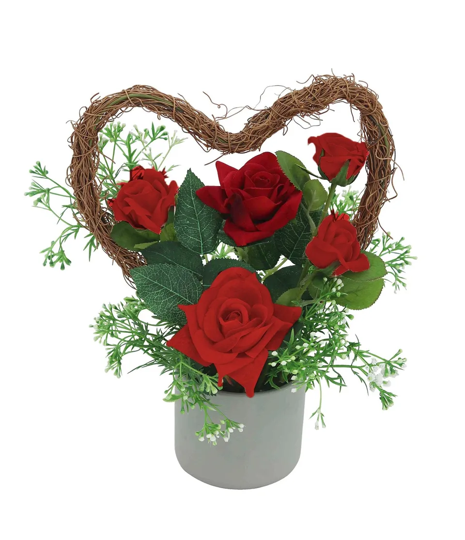 Cœur rotin roses pot ciment rouge 31cm déco florale