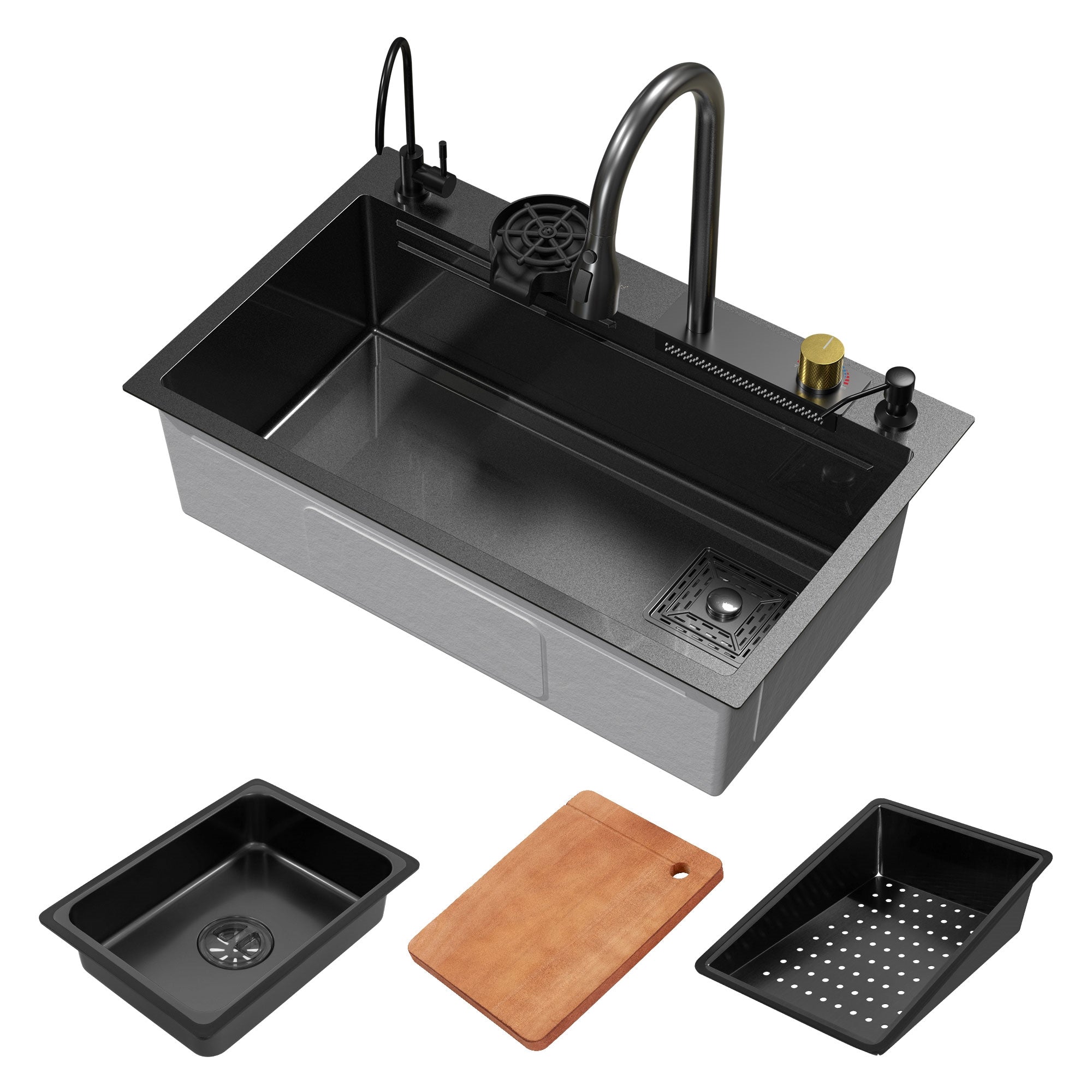 ECD Germany évier cuisine inox anthracite 68x46 robinet 8 accessoires