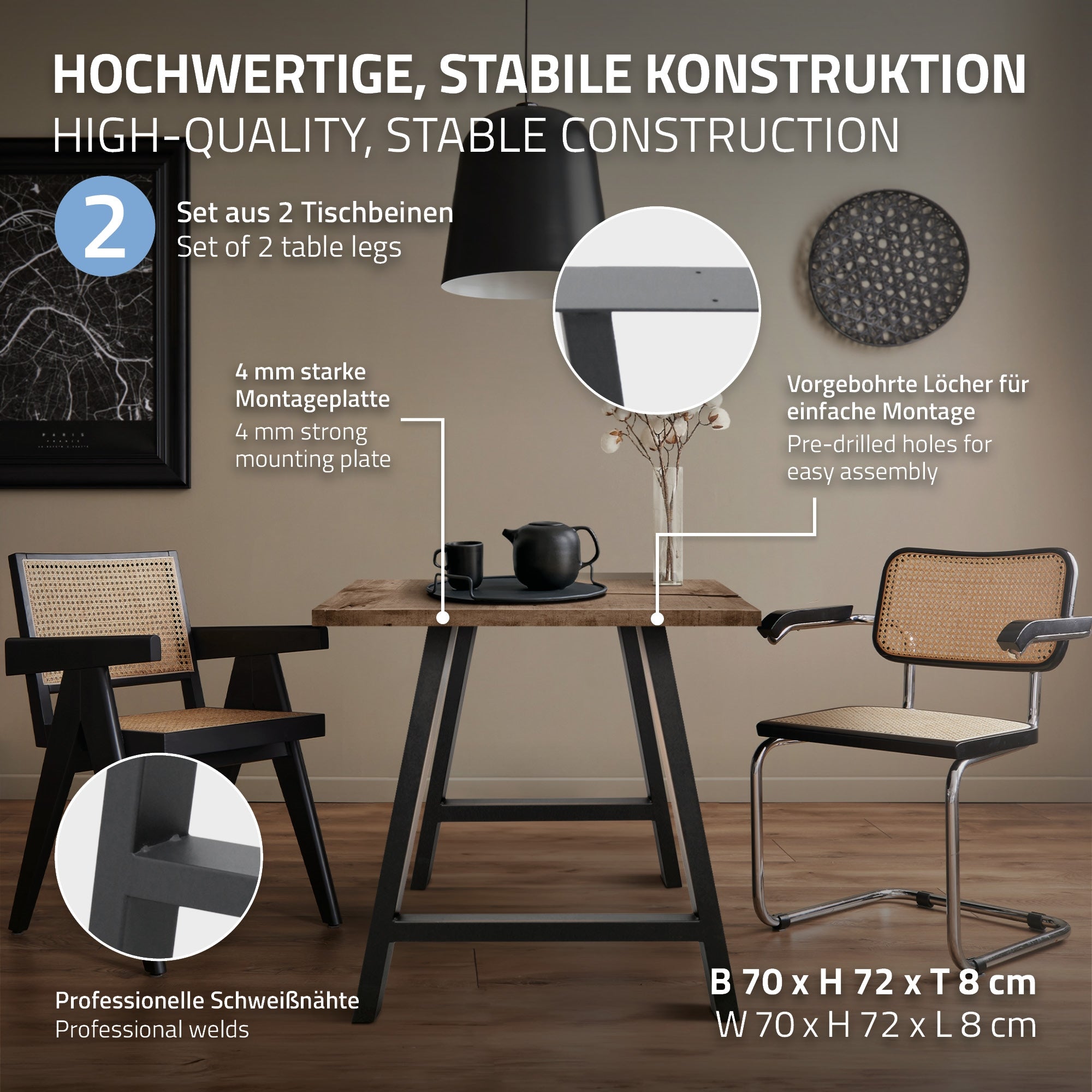 ECD Germany Möbel lot 2 pieds de table A 70x72 anthracite acier
