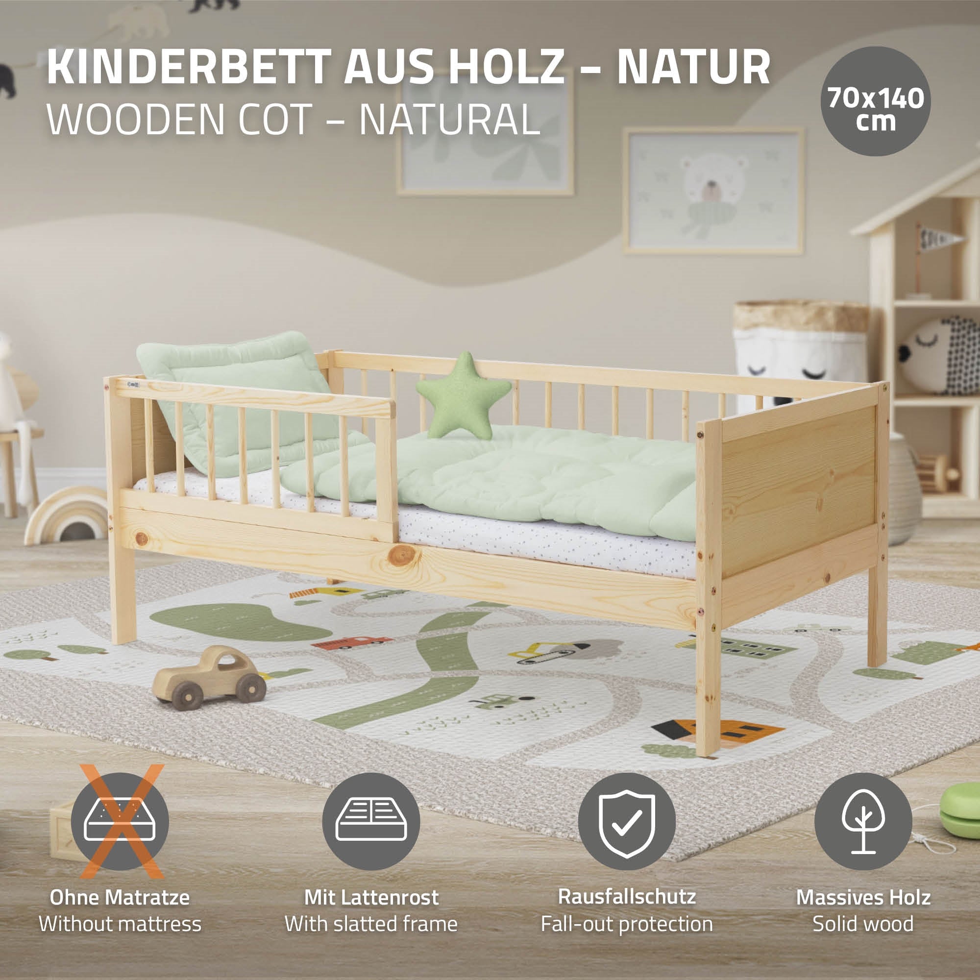 ECD Germany Kinder lit enfant 70x140 pin naturel + barrière