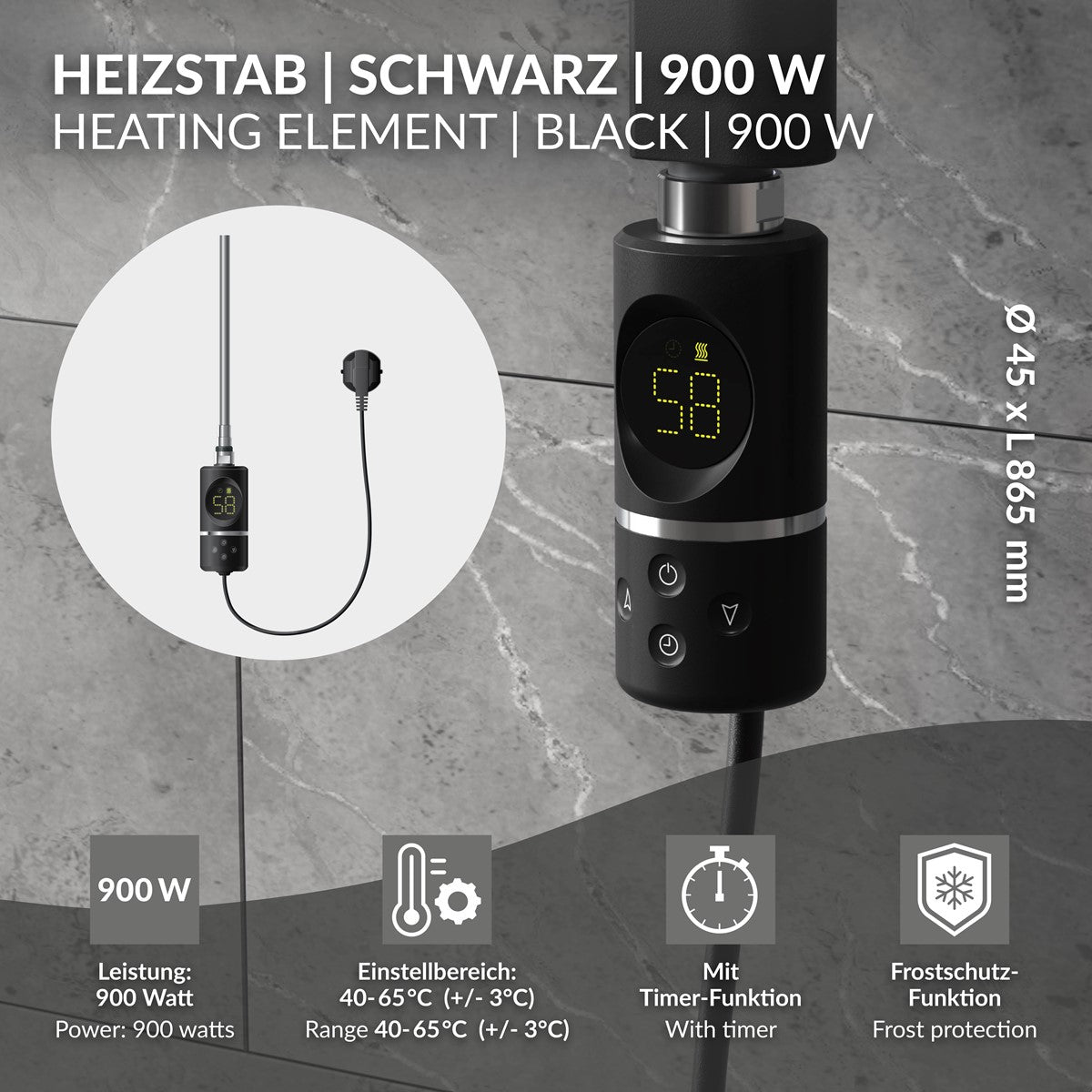 ECD Germany Heizungen tige chauffante noire 900W thermostat LCD