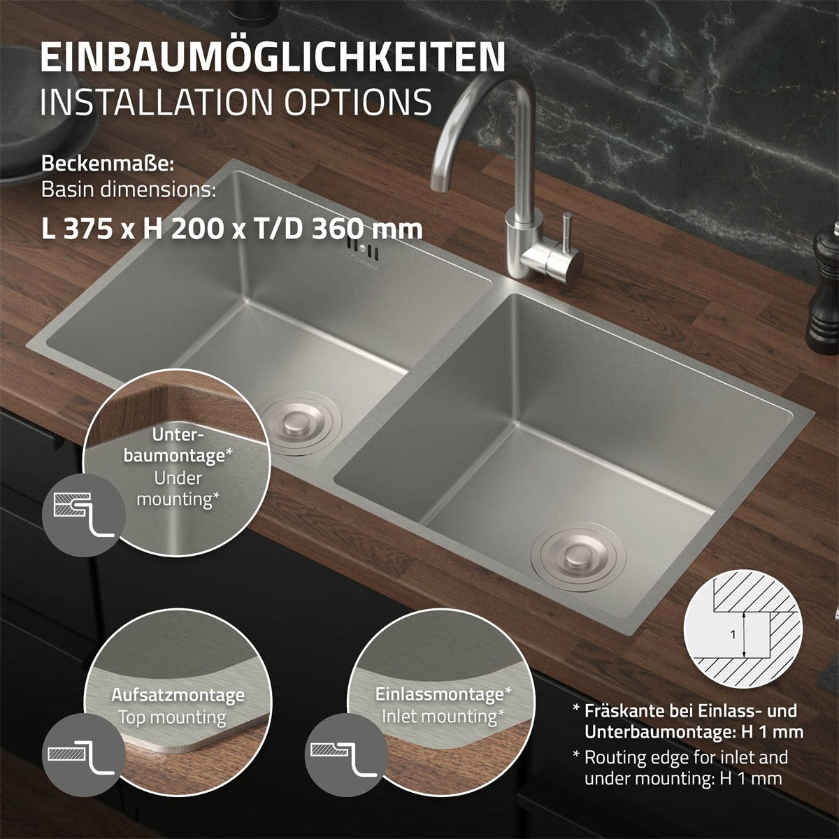ECD Germany Sanitär Double Évier Inox Argent 2 Bacs