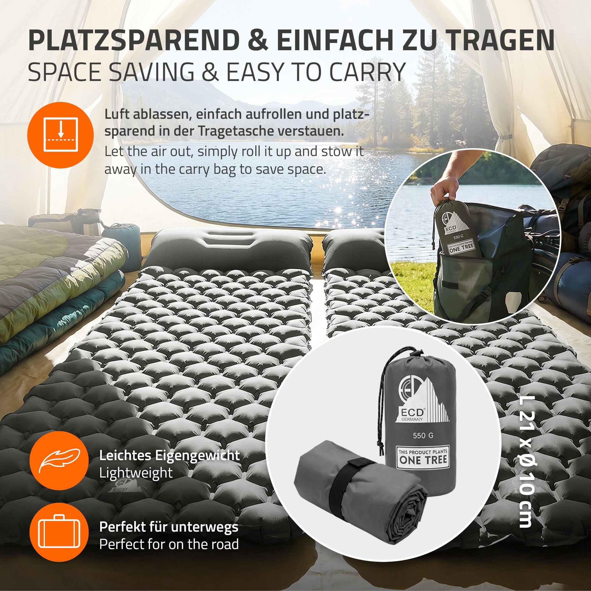 ECD Germany Sport Matelas camping gonflable gris avec oreiller