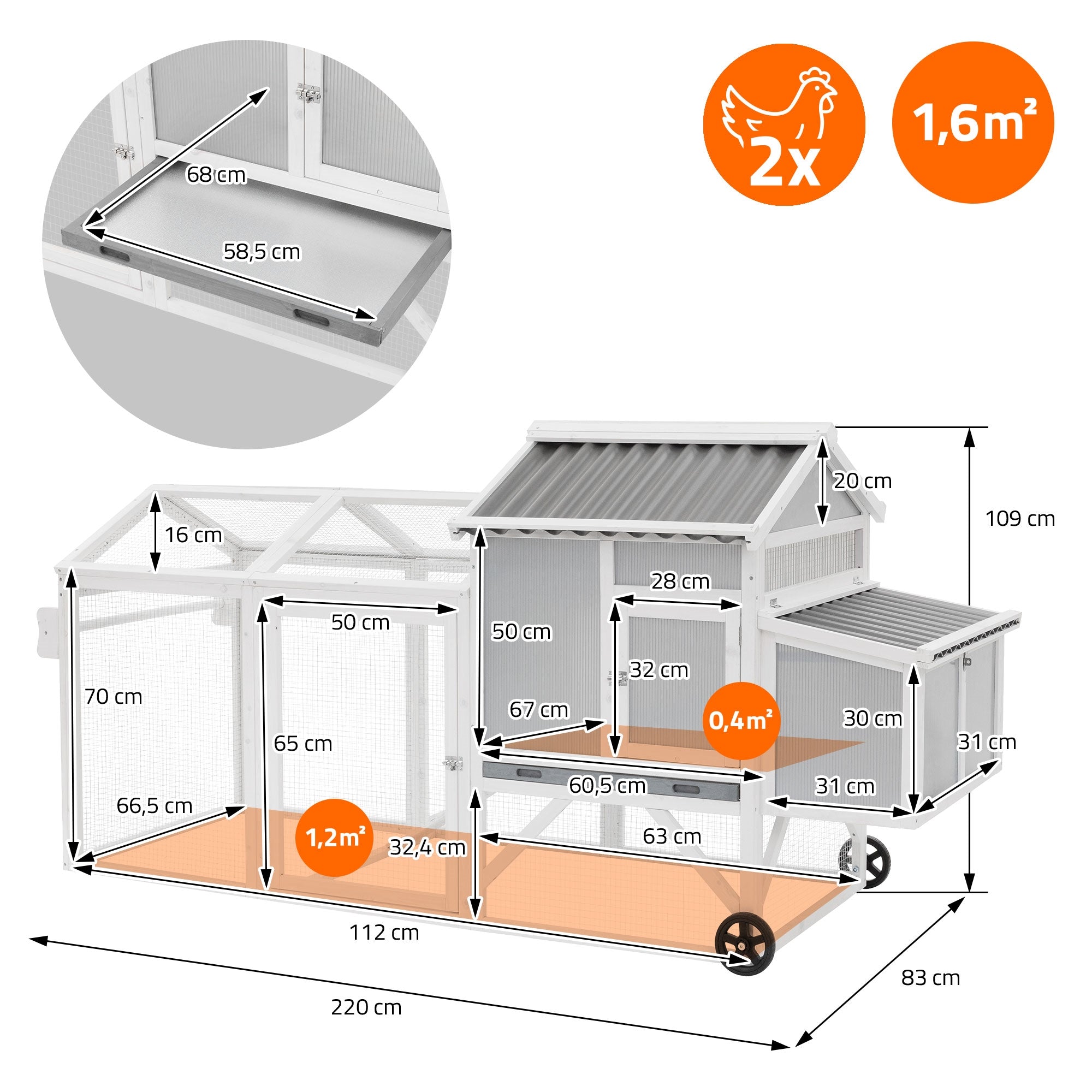 ECD Germany poulailler mobile bois XXL 83x220x109 avec enclos