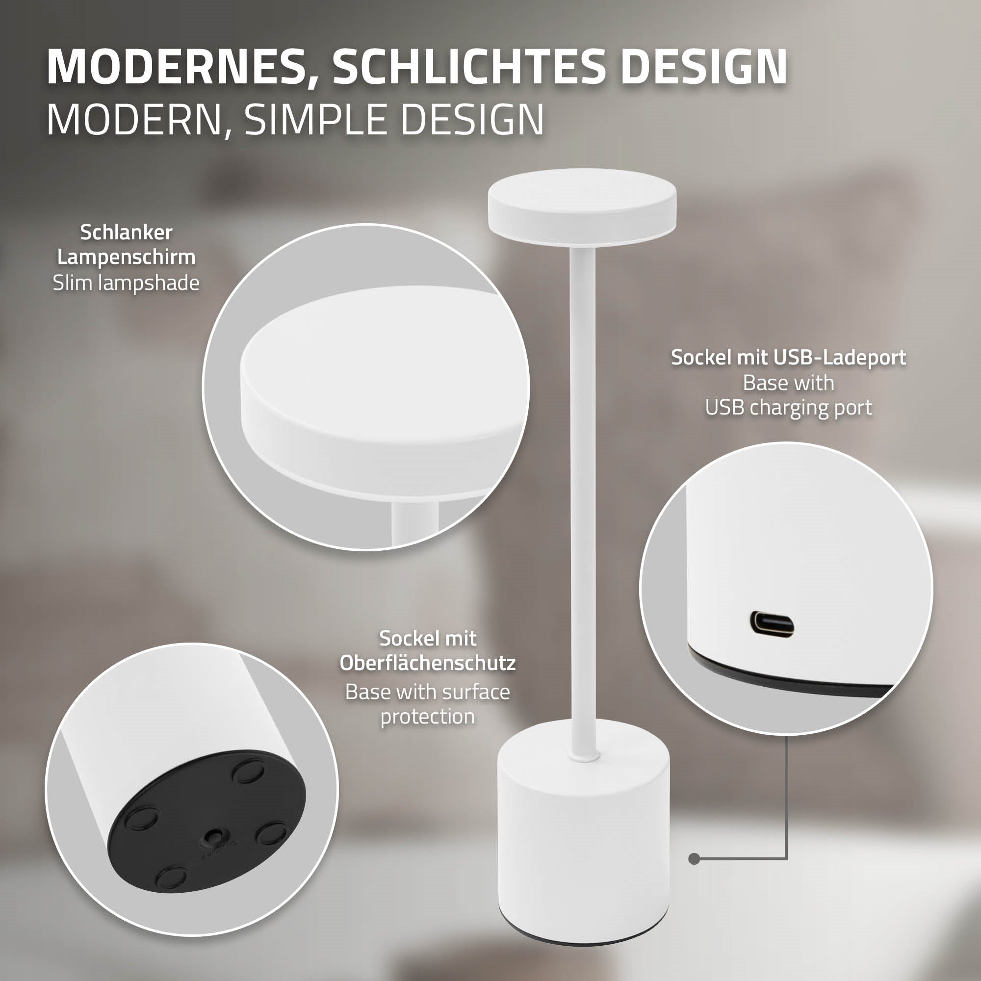 ECD Germany Haus & Wohnen Lampe LED blanche tactile USB-C