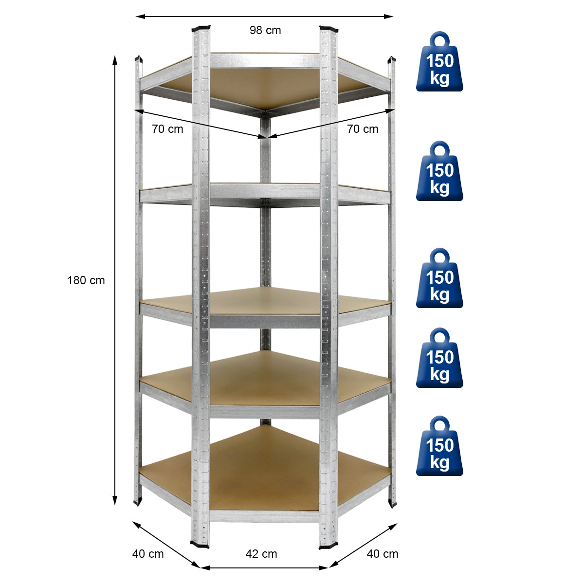 ECD Germany Atelier étagère angle 180x70x40 cm argent 750kg