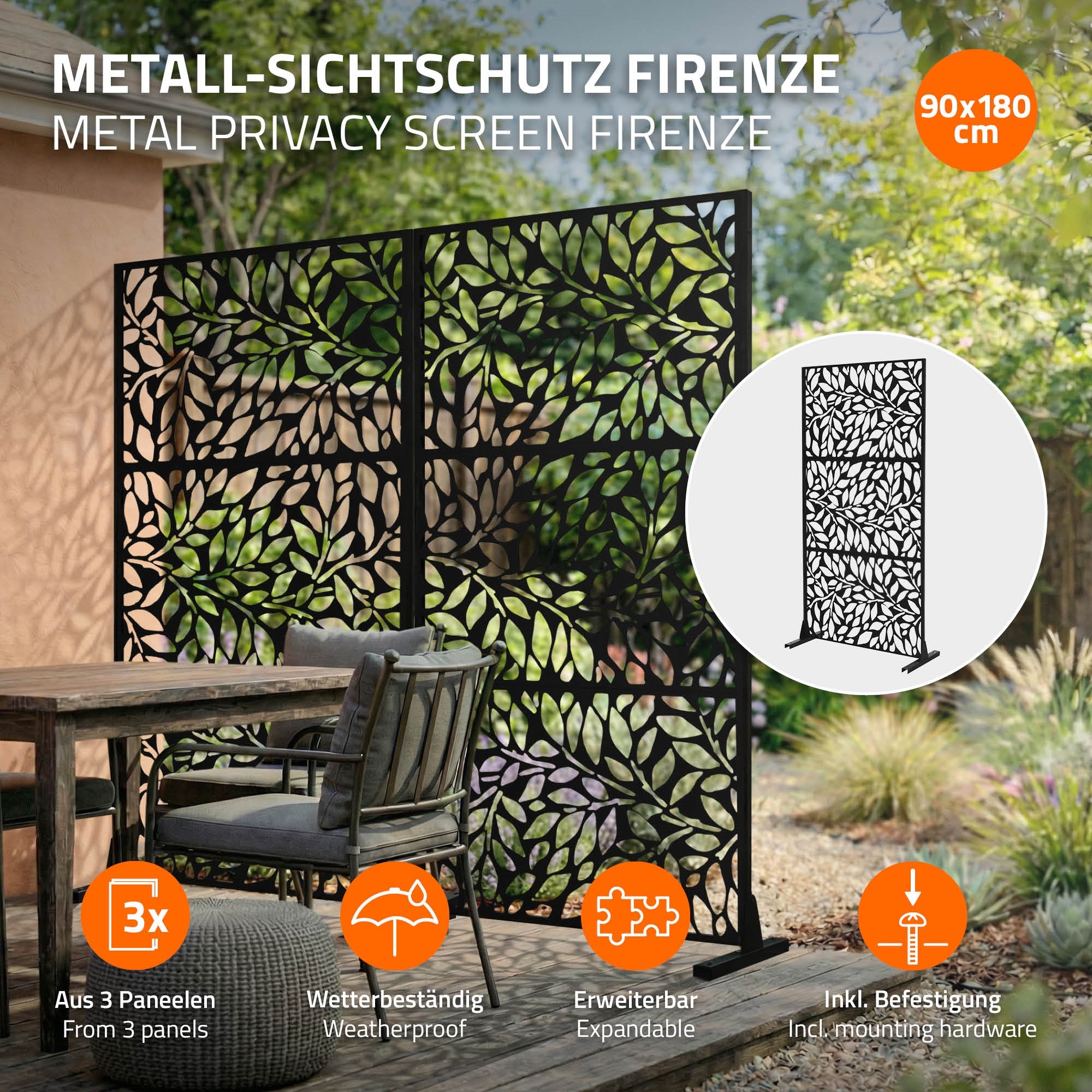 ECD Germany Firenze paravent métal 90x180 cm noir motif laser