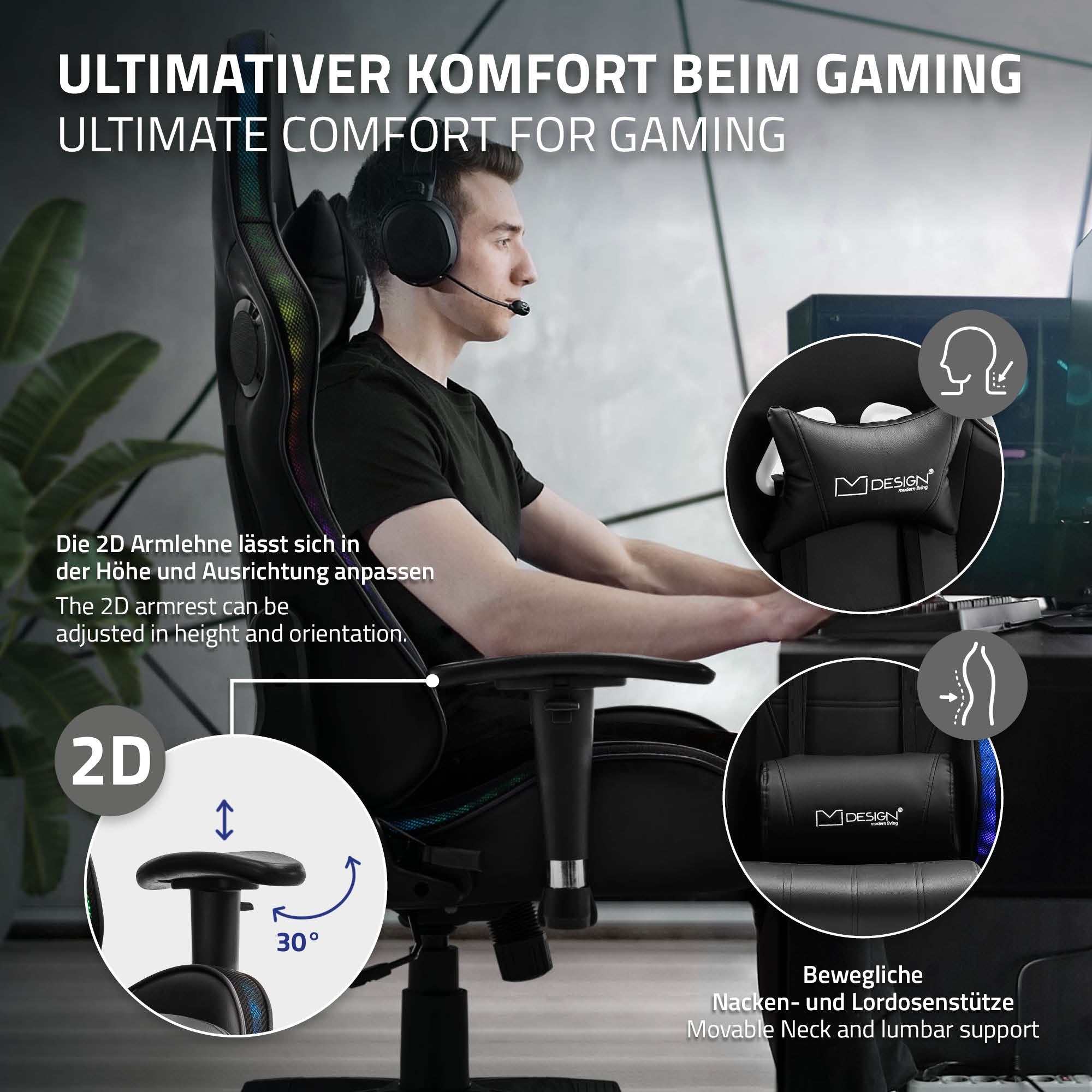 ECD Germany Möbel chaise gaming PVC RGB LED bluetooth noir rouge