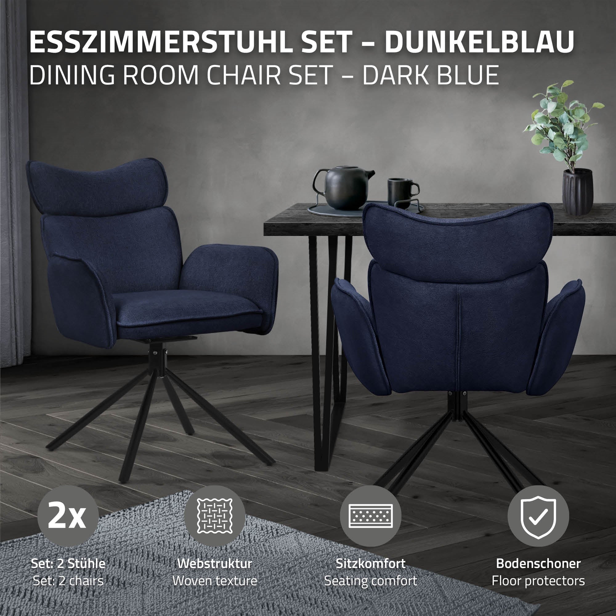 ECD Germany Möbel chaises pivotantes bleu foncé lot 2 tissu