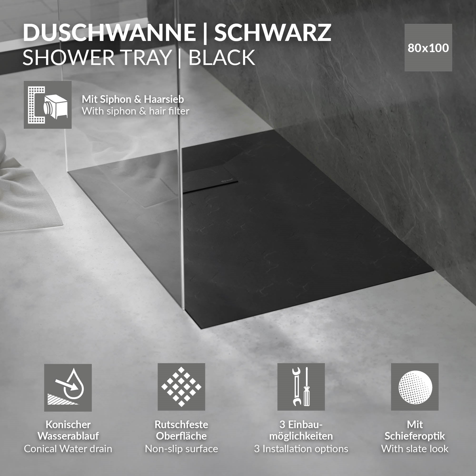 LuxeBath receveur douche 100x80 noir extra-plat antidérapant