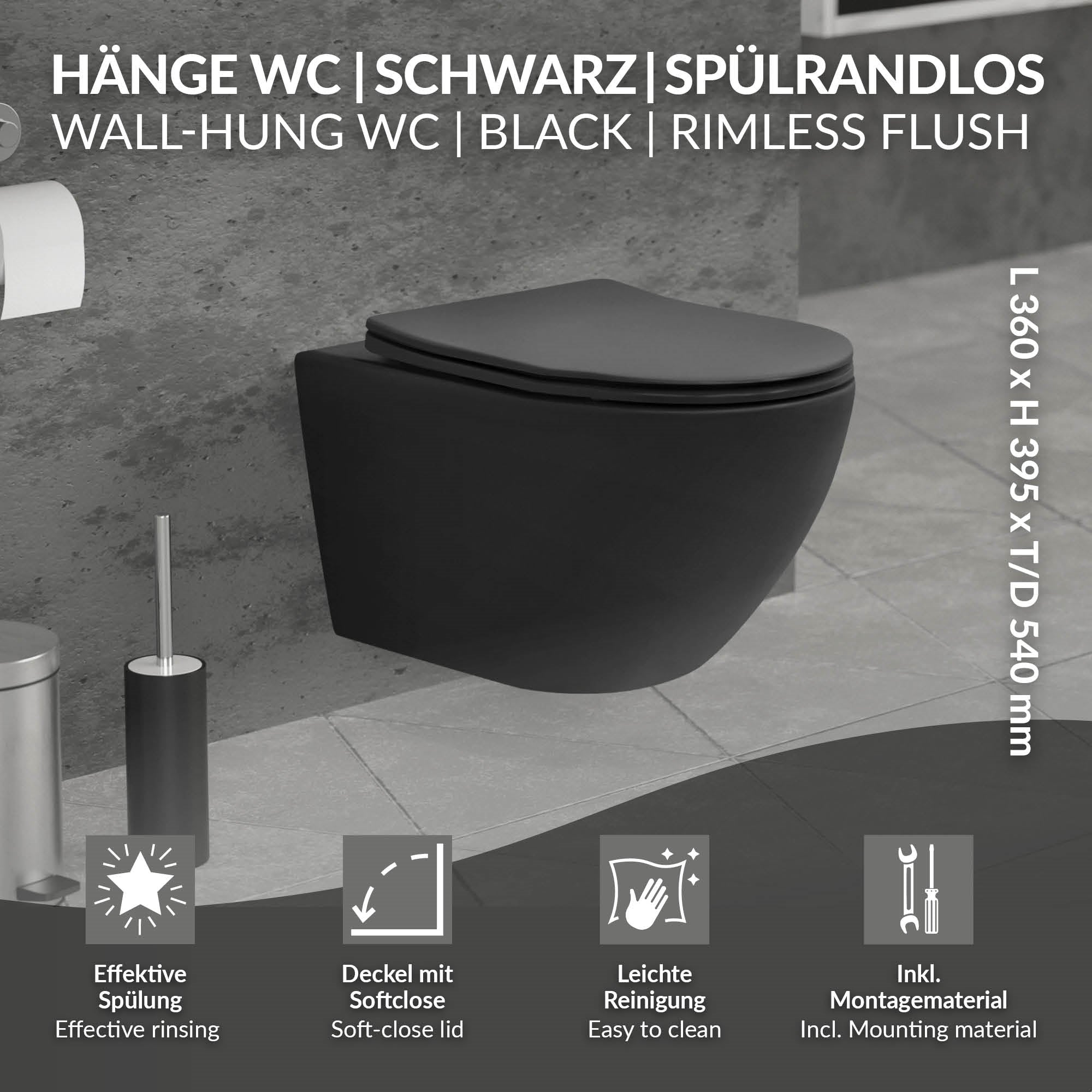 LuxeBath WC suspendu sans bride 54 cm noir mat softclose