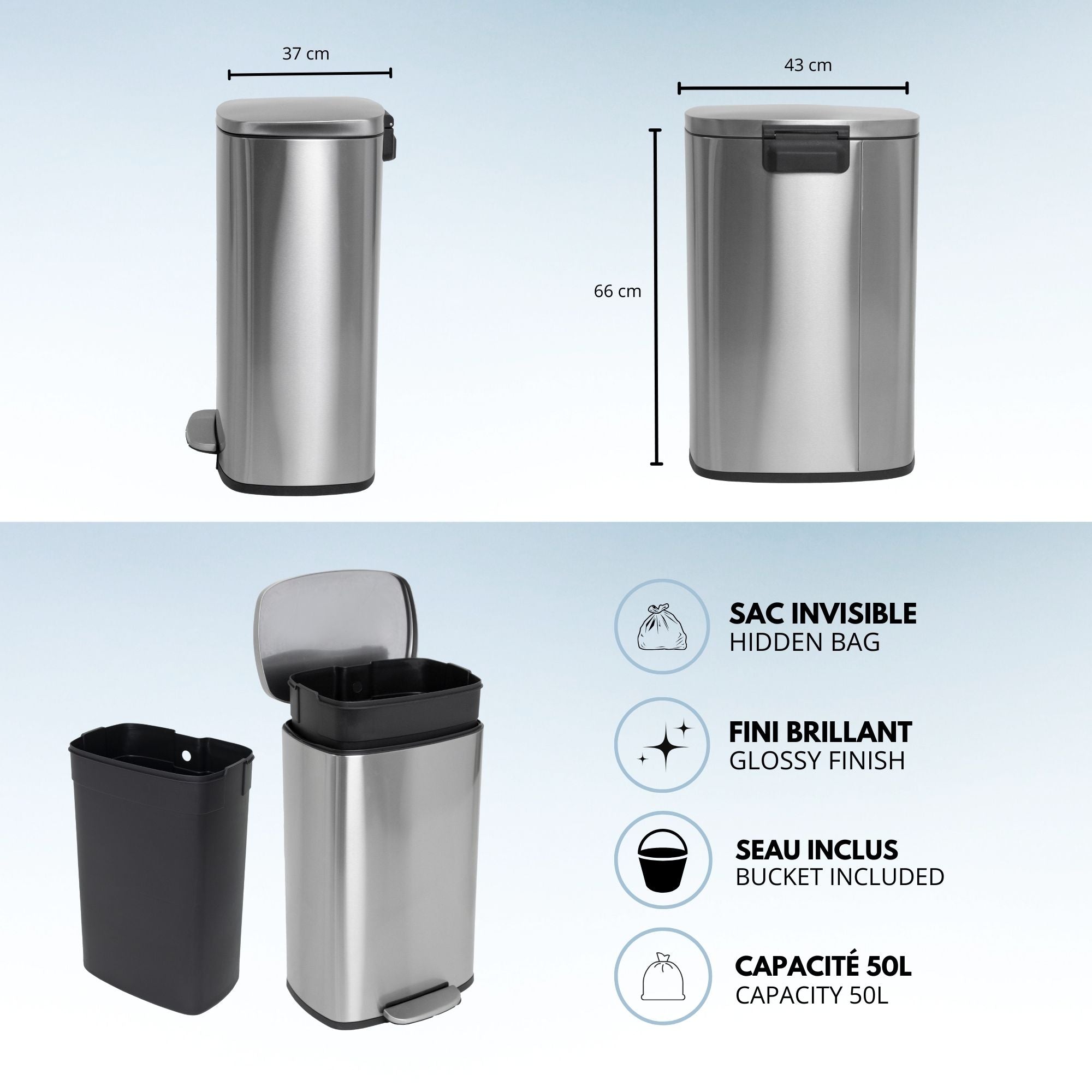 Red Deco Admiral poubelle à pédale 50L inox brossé
