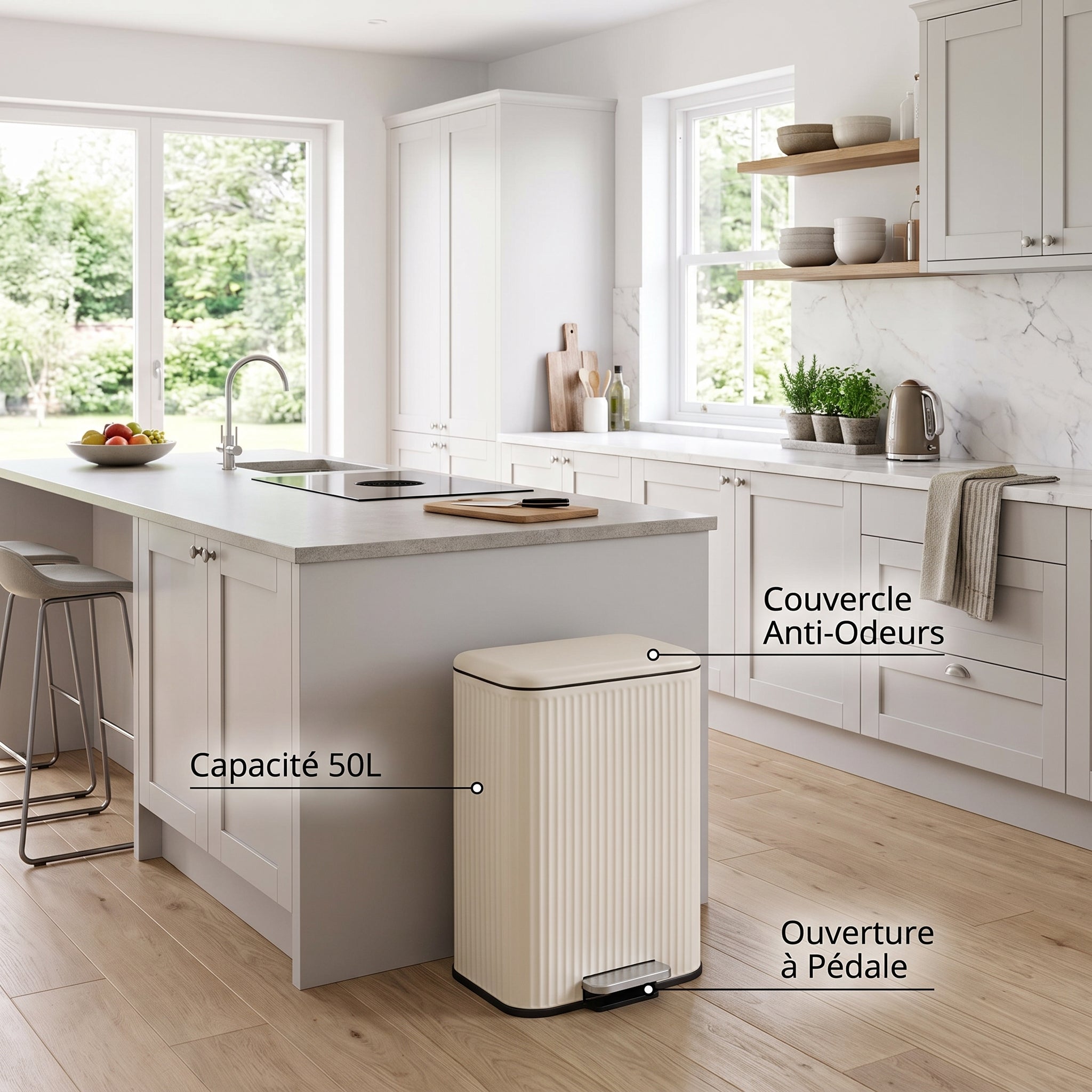 Red Deco Line poubelle cuisine pédale 50L crème mat inox