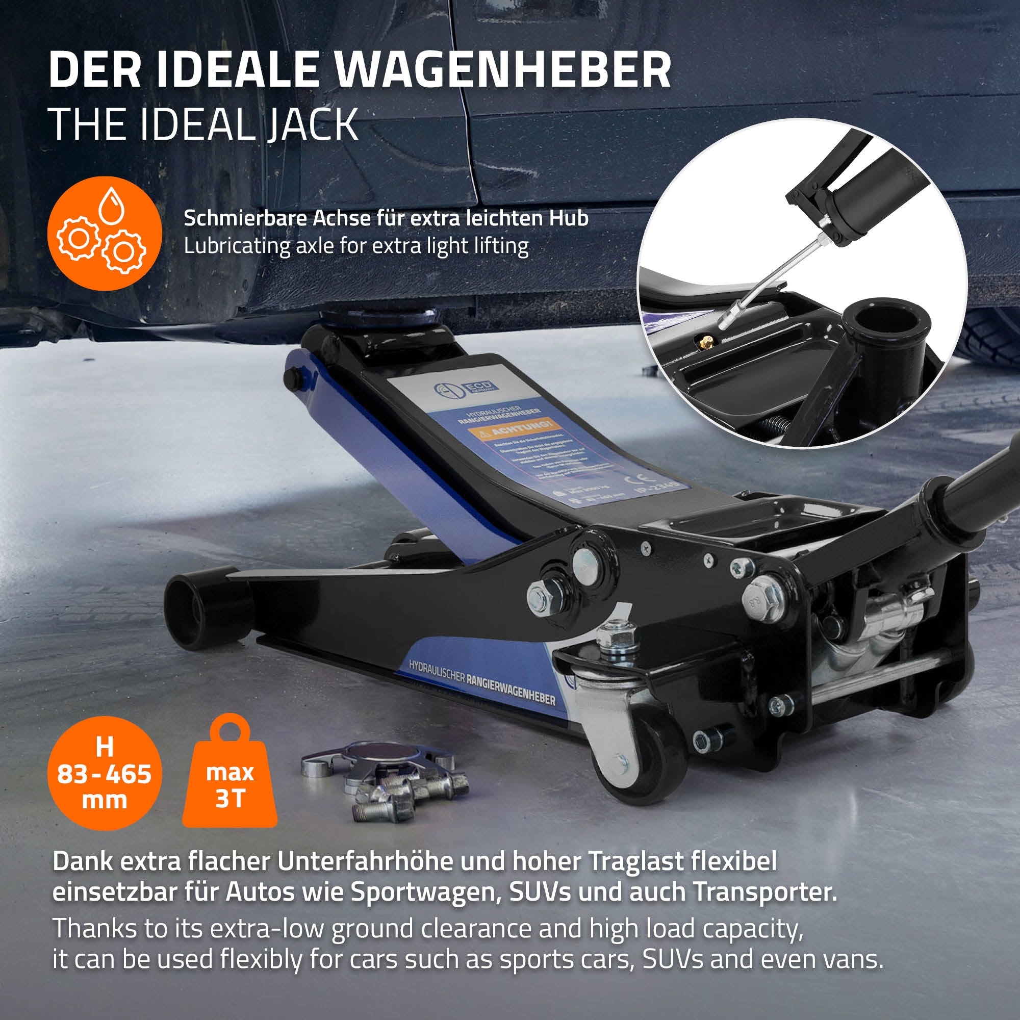 ECD Germany Cric hydraulique rouleur 3T avec gants