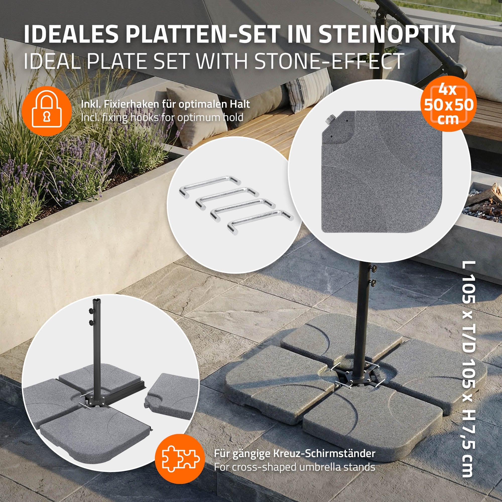 ECD Germany Garten pied parasol steinoptik 4 pièces 60 L