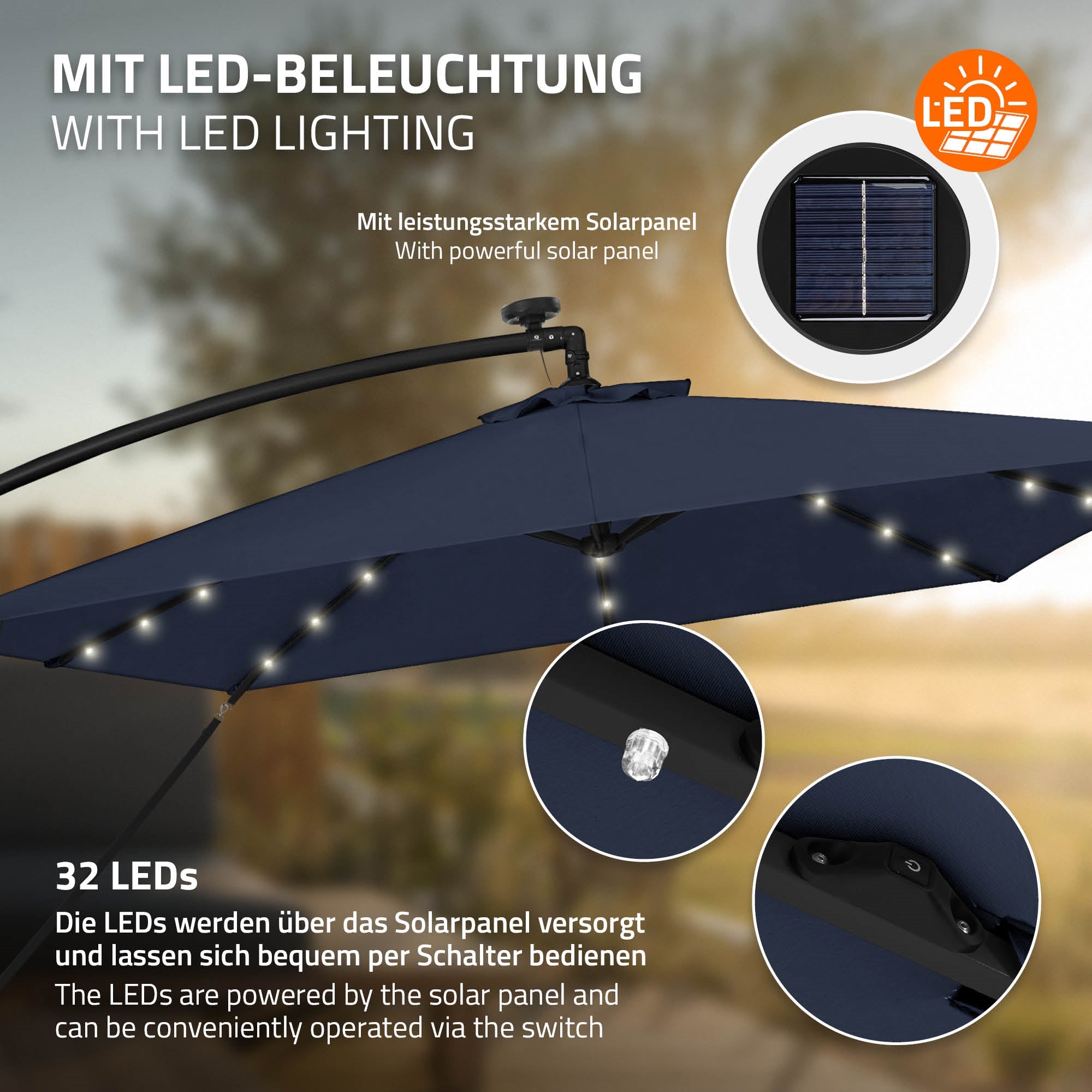 ECD Germany ML-Design Parasol déporté LED solaire 330cm bleu