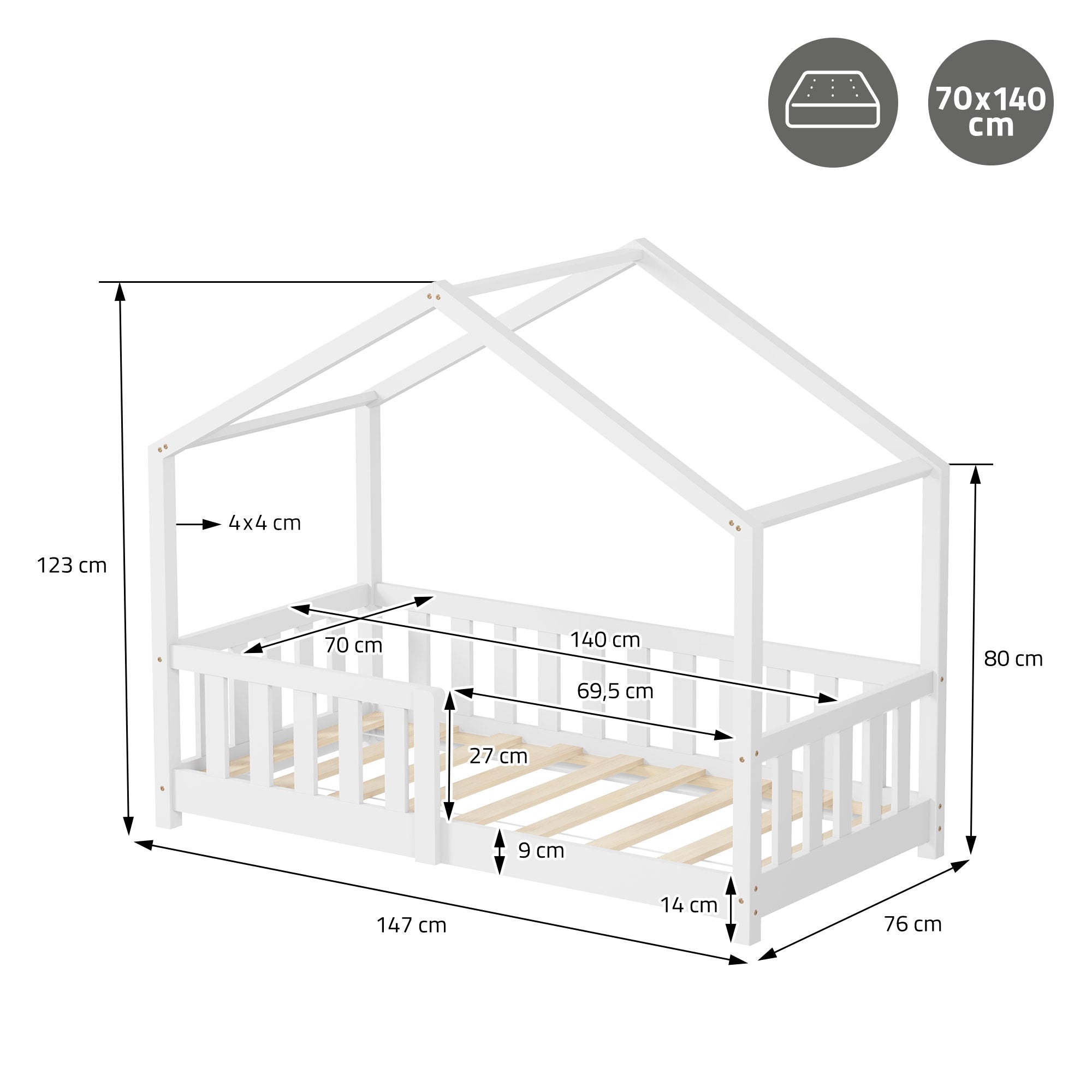 ECD Germany Kinder lit cabane 70x140 blanc pin avec sommier
