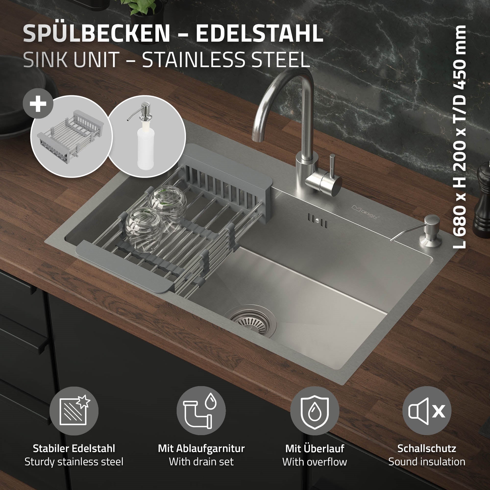 ECD Germany Sanitär évier 68x45 cm inox argent encastrable