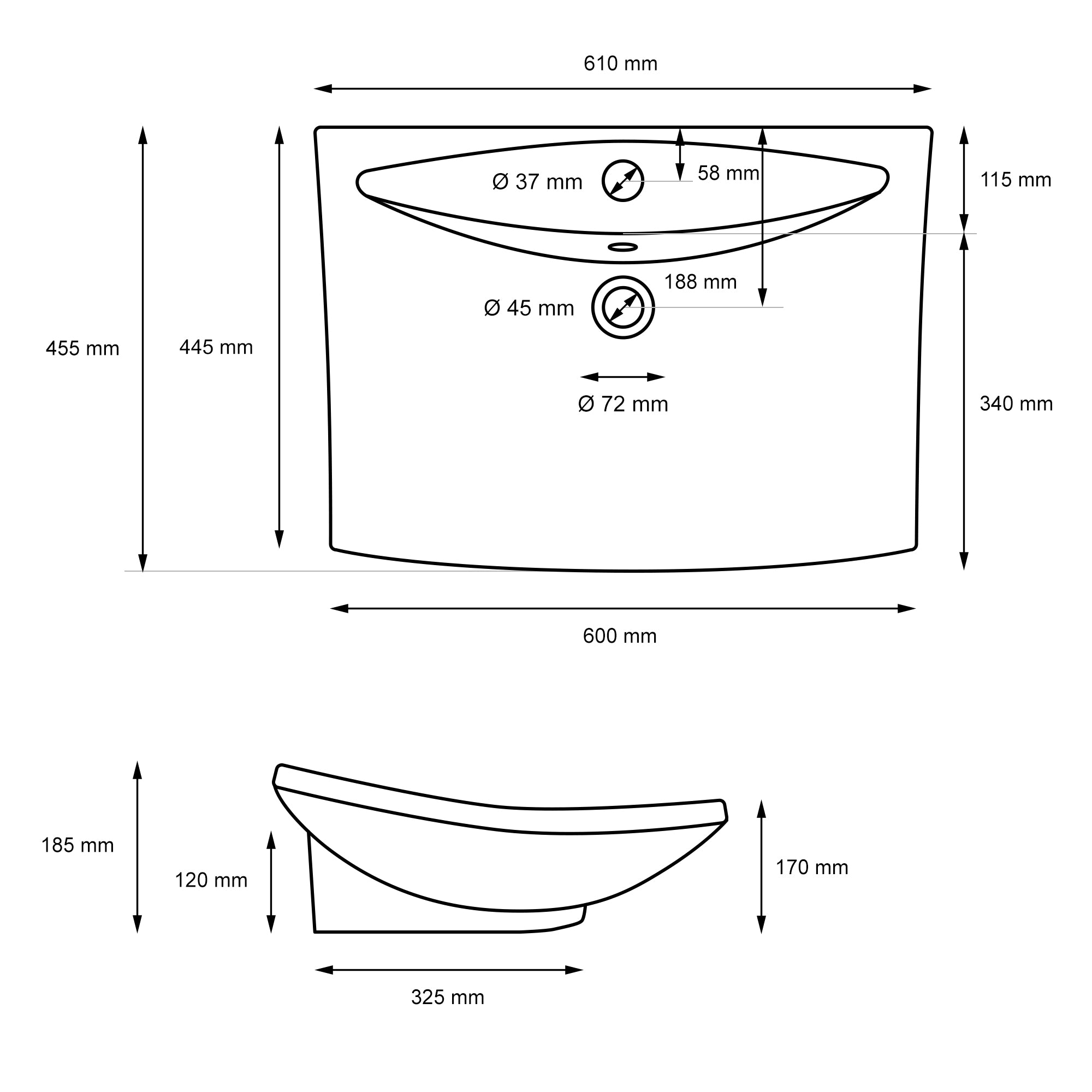 LuxeBath vasque à poser noire céramique 61 cm avec bonde