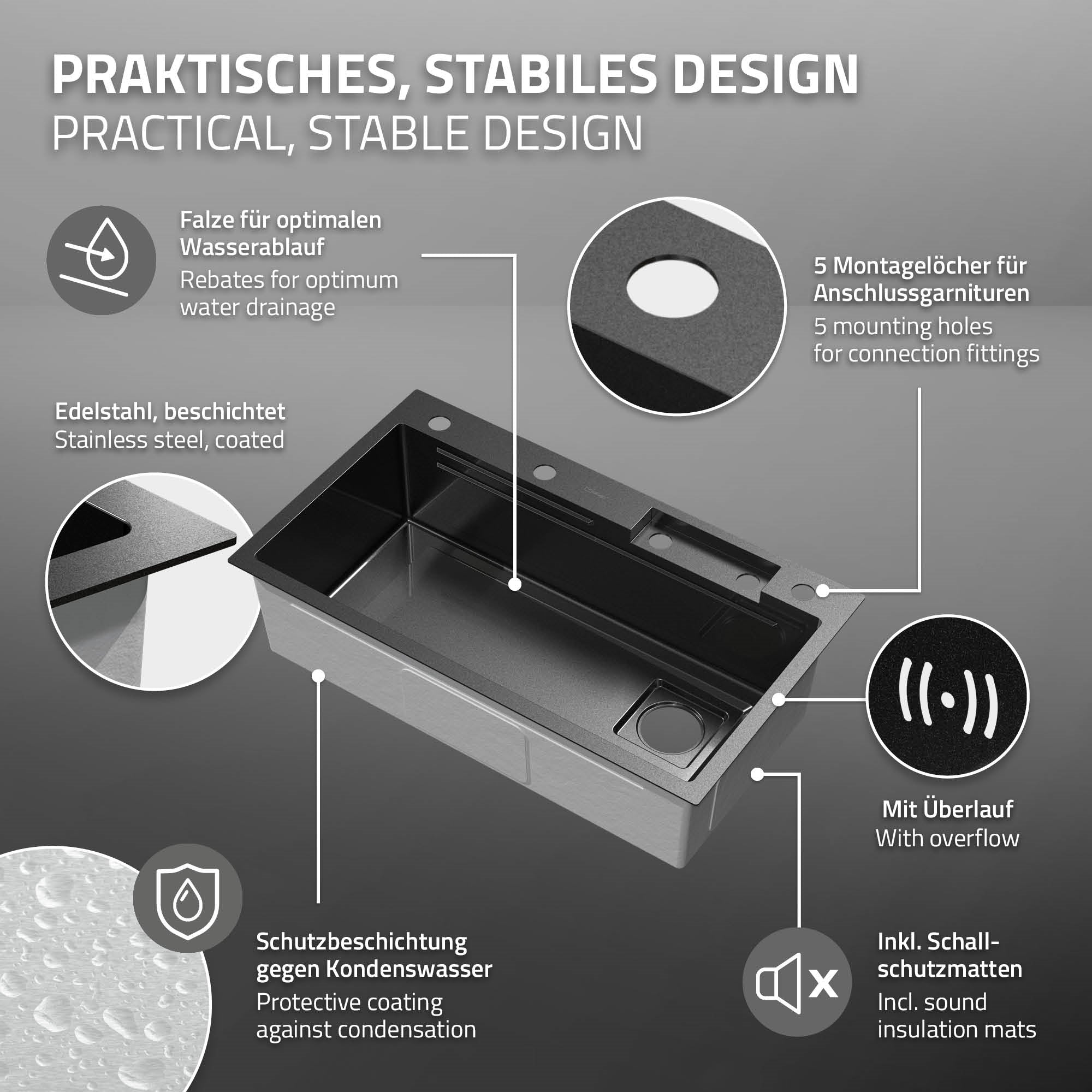 ECD Germany évier inox 80x46 cm anthracite 8 pièces robinet