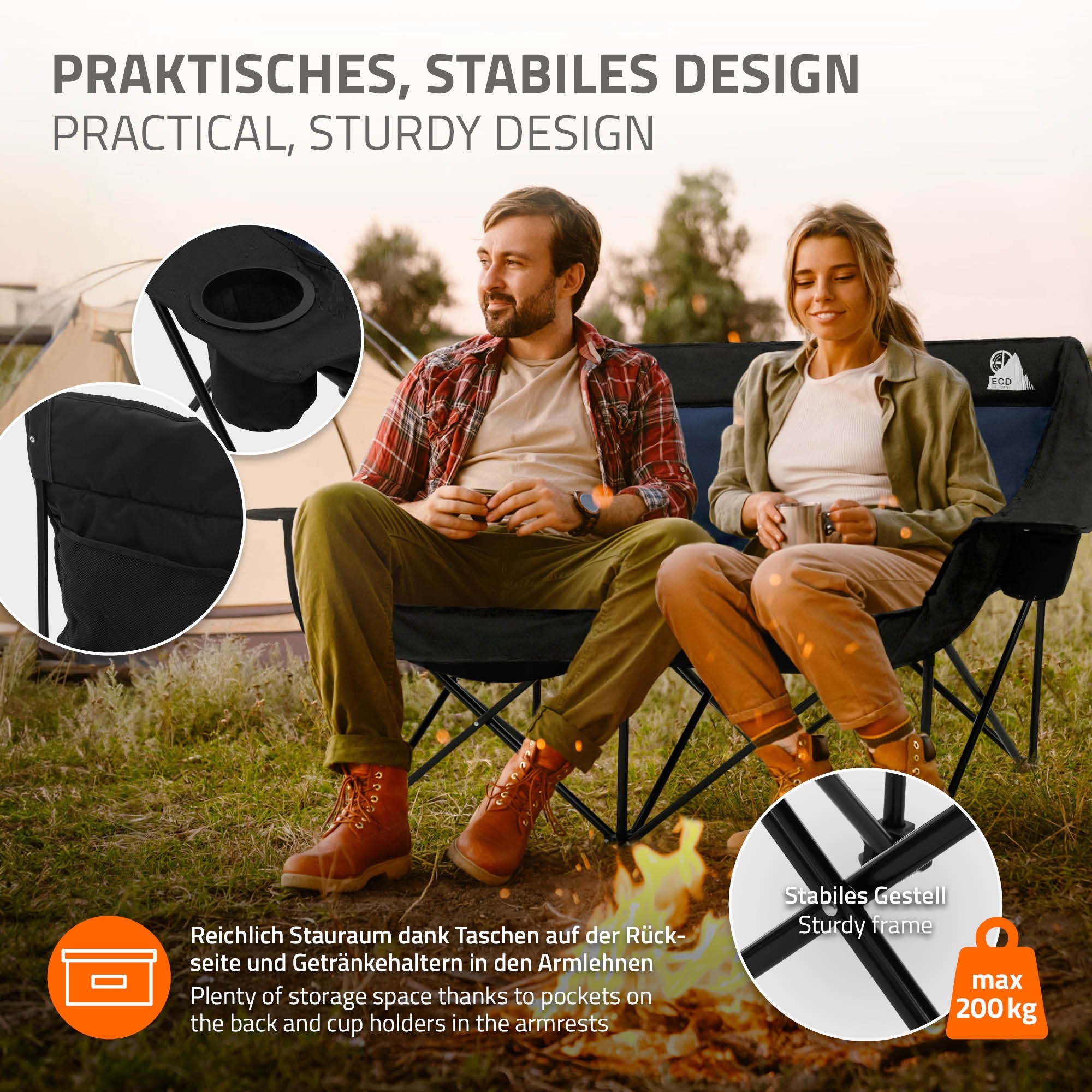 ECD Germany double 2 places chaise camping bleue 200 kg