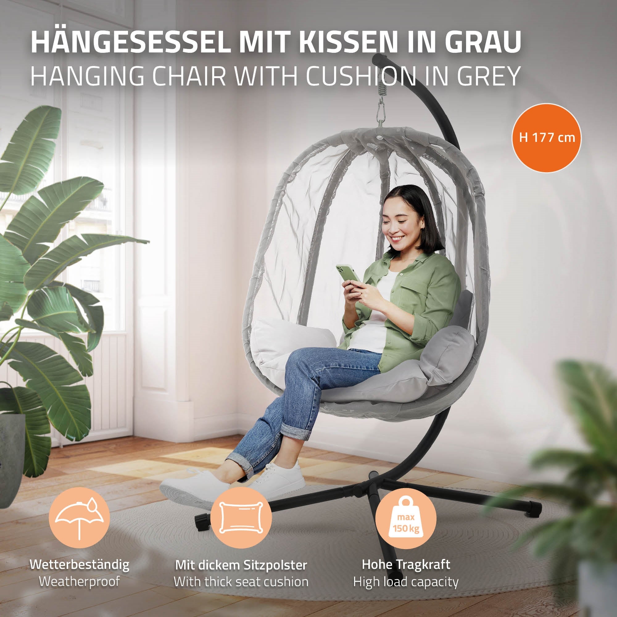 ECD Germany Fauteuil suspendu gris 150 kg avec support