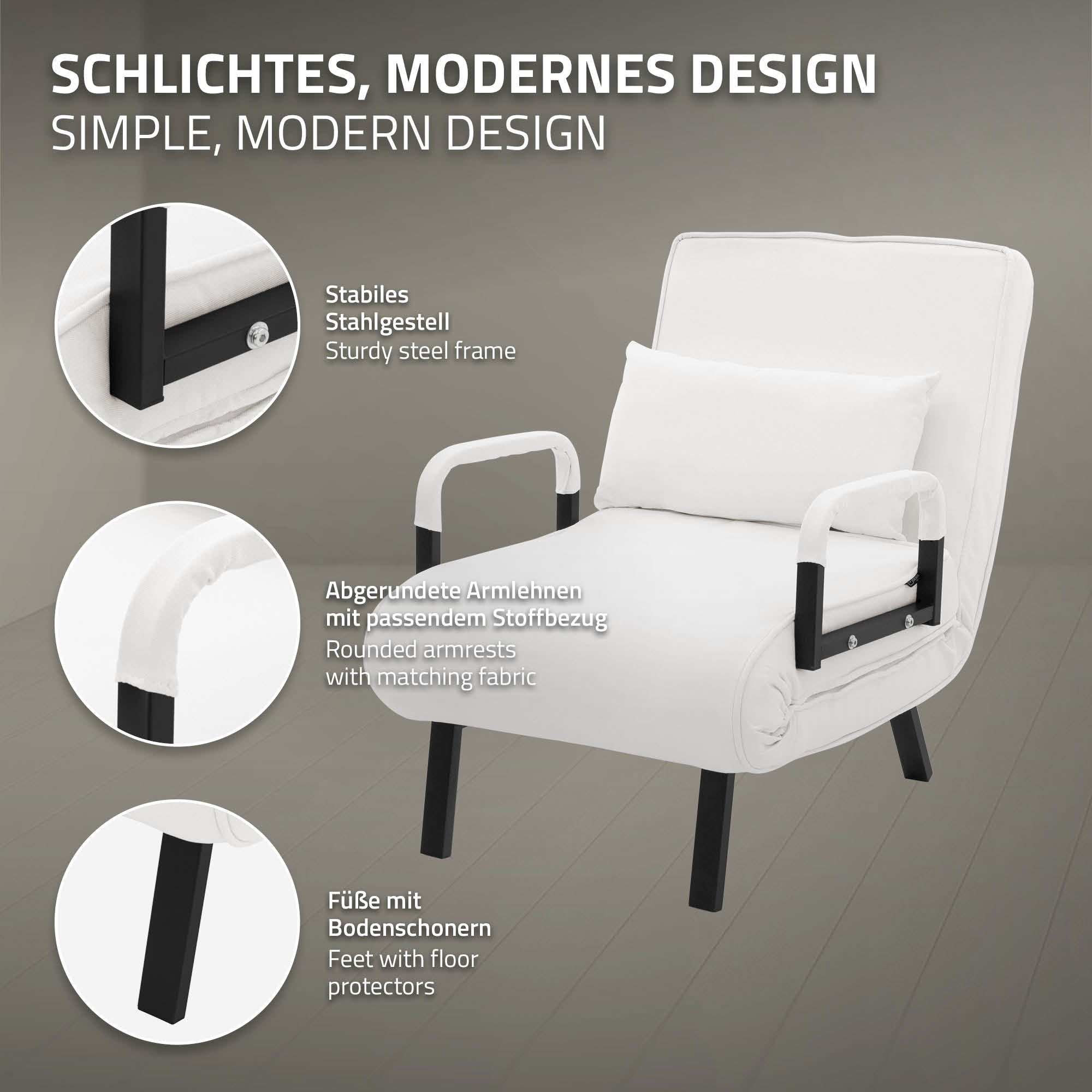 ECD Germany Meuble fauteuil-lit blanc 186x60 cm chenille acier
