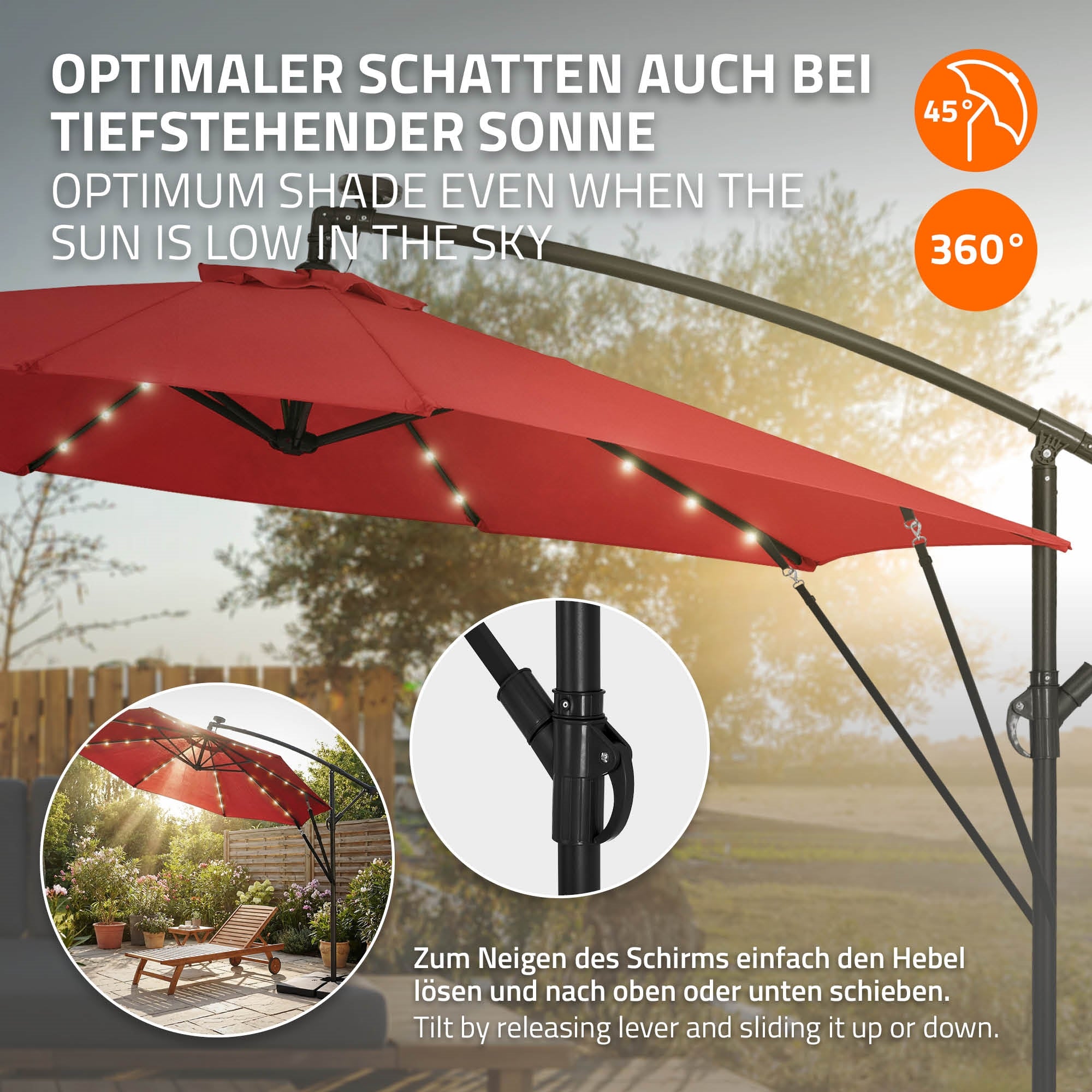 ECD Germany Garten parasol déporté Ø 300 cm rouge LED solaire