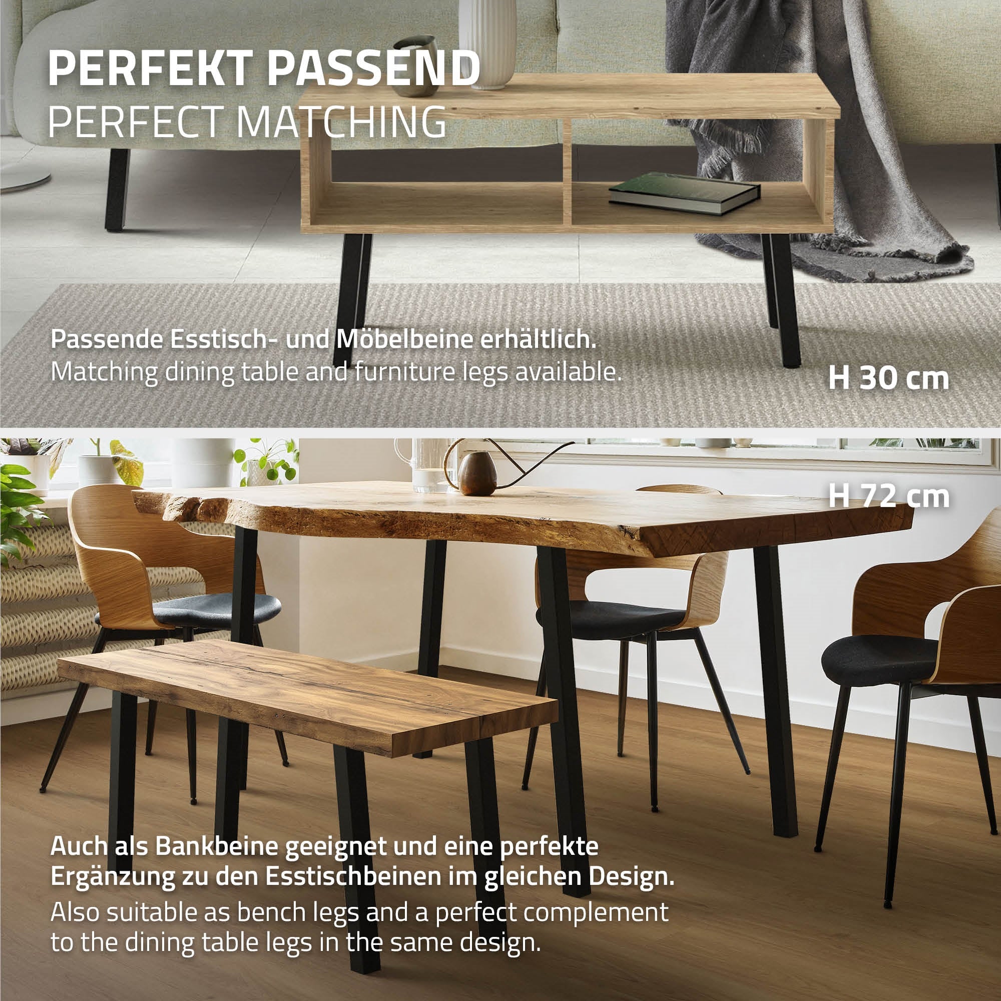 ECD Germany Möbel lot 4 pieds de table inclinés noirs H42 cm acier