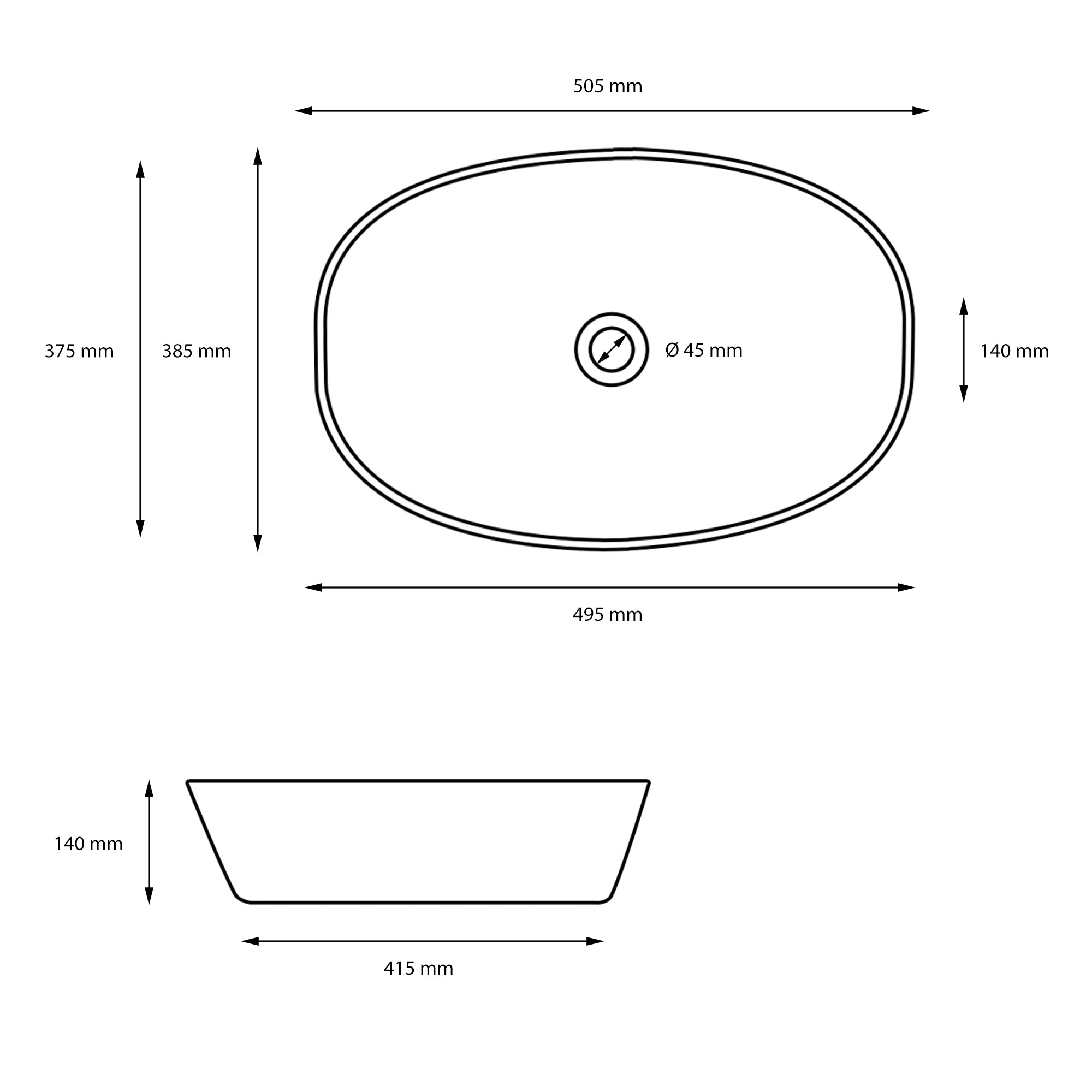 ECD Germany ML-Design vasque à poser noire céramique 50 cm bonde