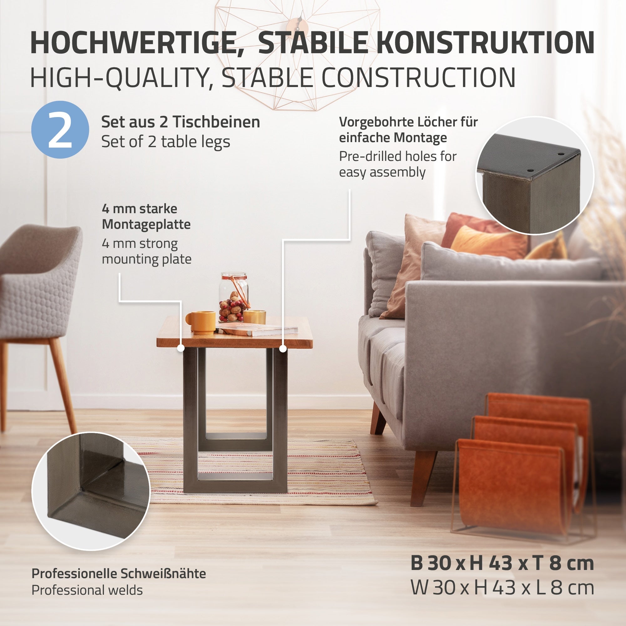 ECD Germany pieds table acier 30x43 cm industriel lot 2