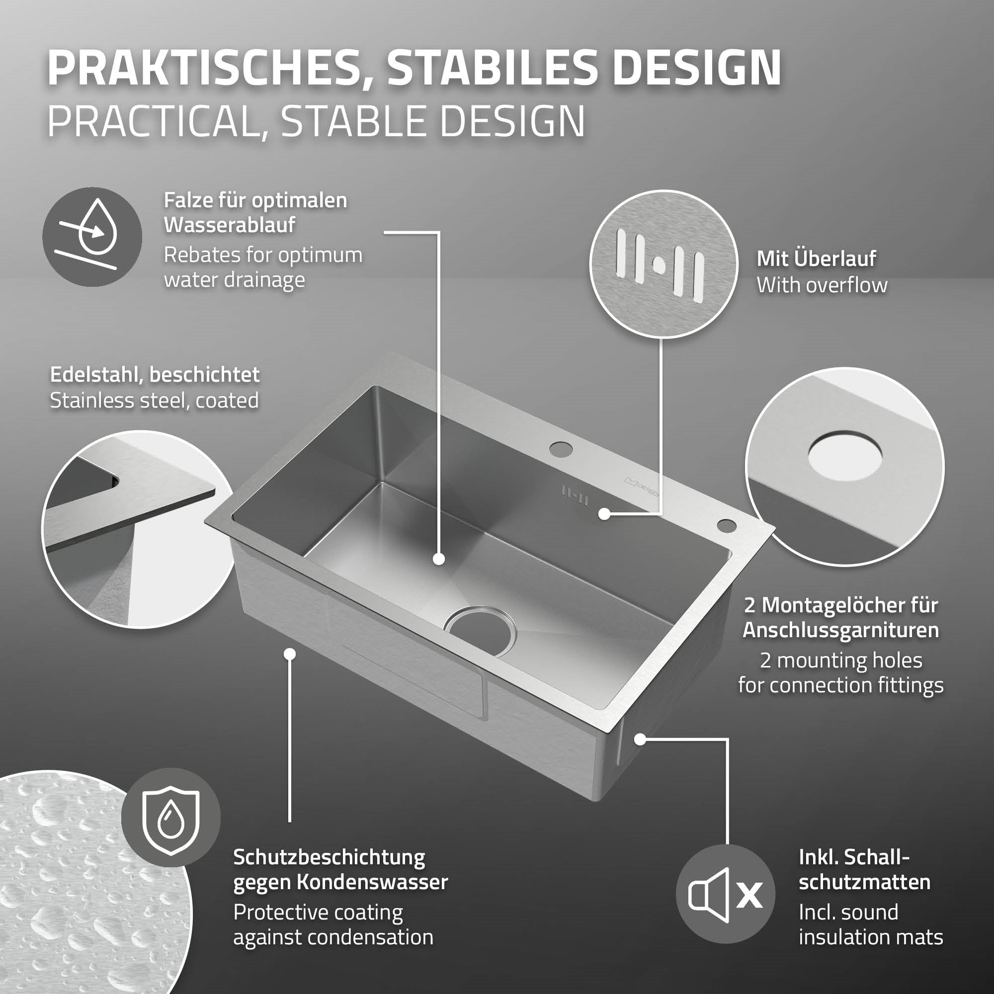 ECD Germany Sanitär évier 68x45 cm inox argent encastrable
