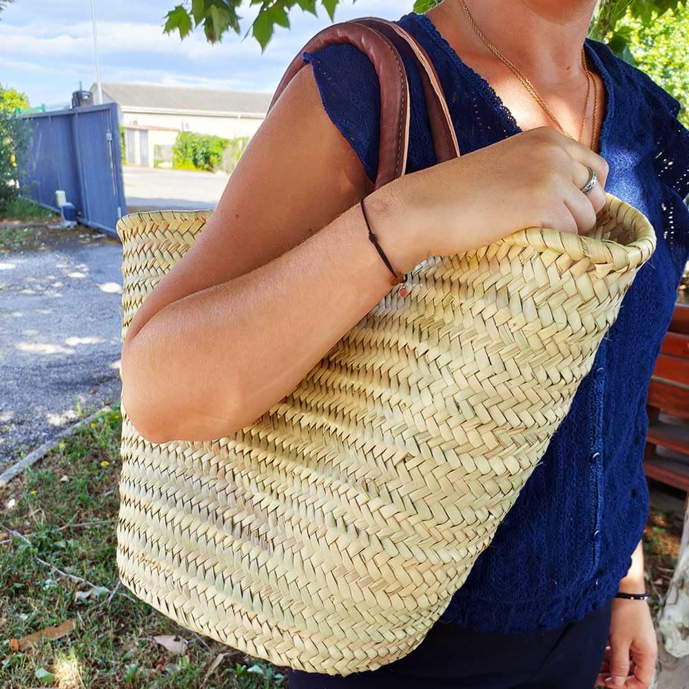 Shop-Story Lifestyle Panier Plage Palmier Cabas Paille Cuir Beige 53cm