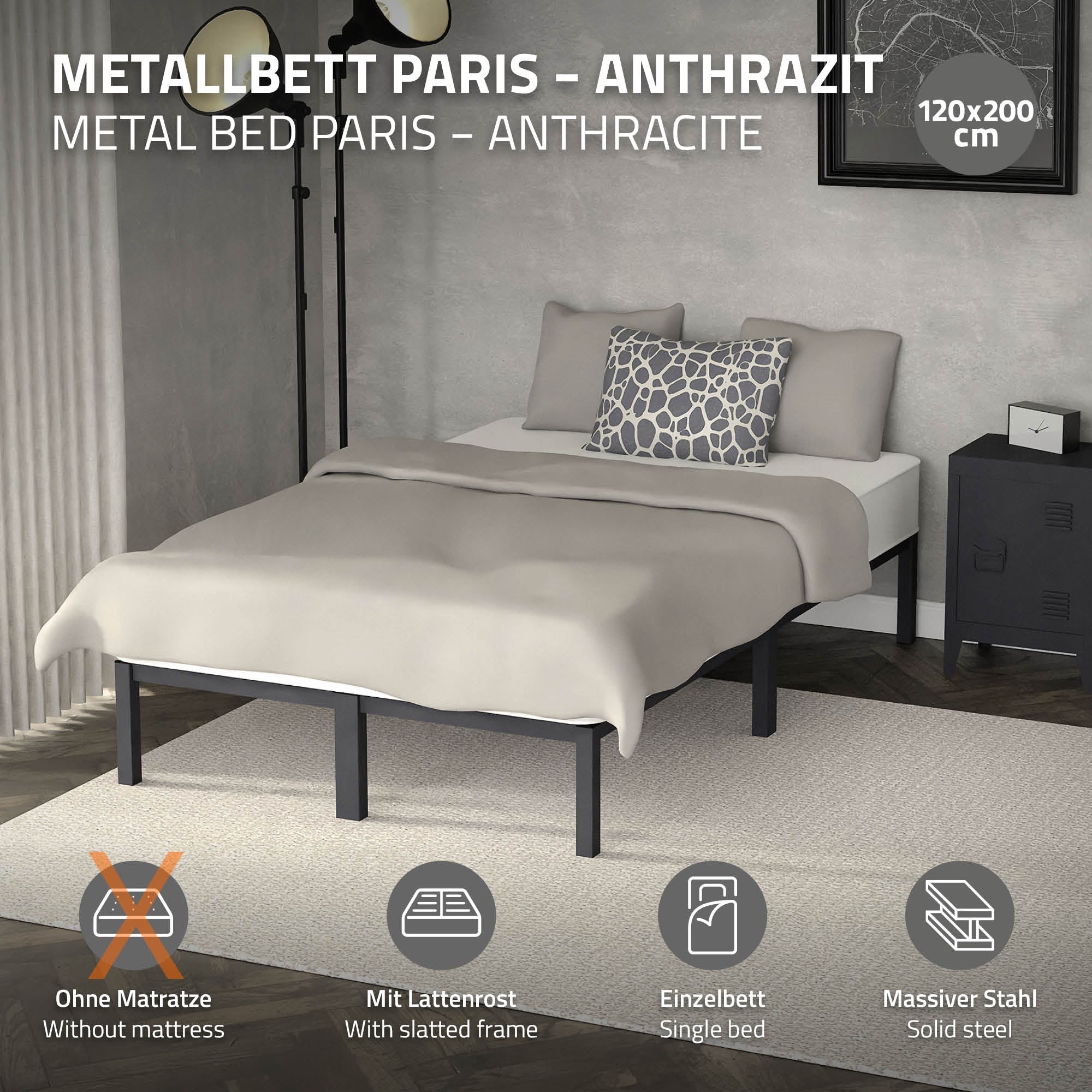 ECD Germany lit double métal 120x200 anthracite sommier
